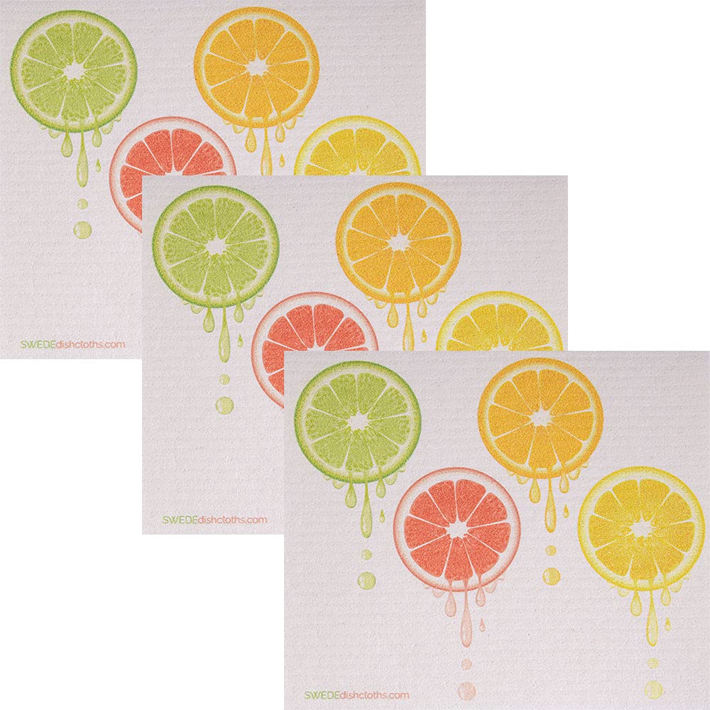 Eco-Friendly Cellulose Sponge Dish Towels - Set of 3 Absorbent Swedish Dishcloths for Kitchen Cleaning, Dripping Fruit Design - Perfect for Washing Dishes, Countertops & Eco-Conscious Homes
