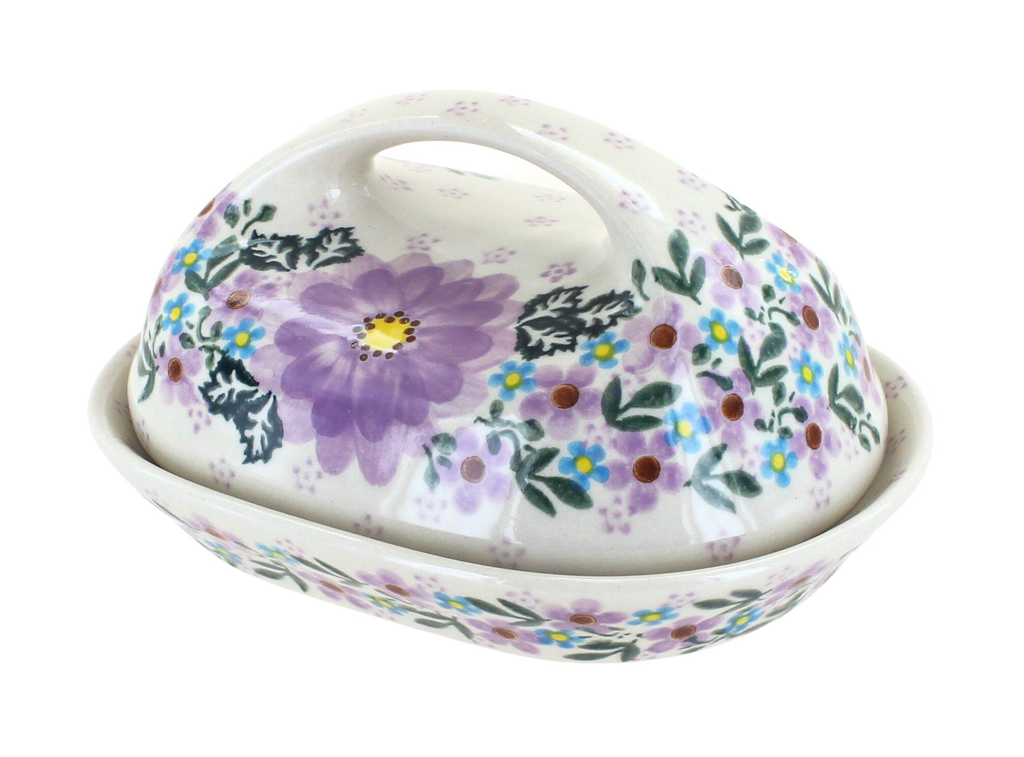 Blue Rose Polish Pottery Lilac Garden Butter Dish - Handmade Ceramic Butter Keeper with Lid for Kitchen, Dining Table & Gift Giving - Perfect for Breakfast, Brunch & Tea Parties