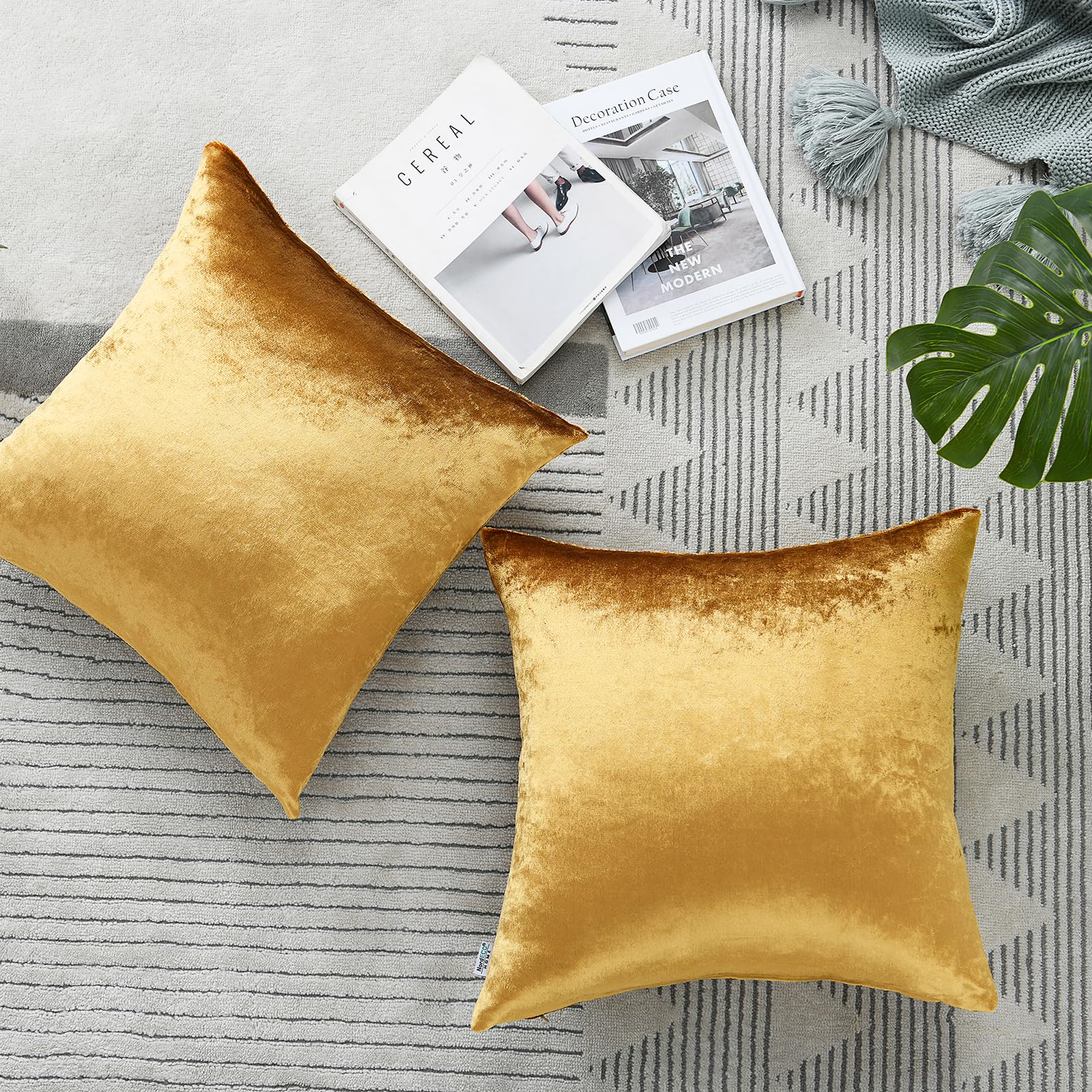 NordECO HOME Soft Velvet Decorative Throw Pillow Covers Set of 2 - 16x16 Inch Gold Cushion Covers for Bed, Sofa, Car & Home Decor | Luxury Living Room Accent Pillows & Cozy Bedroom Decor
