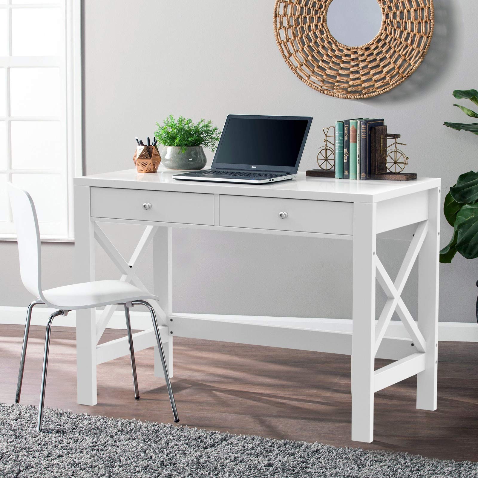 Modern 40-Inch White Computer Desk with Drawers - Home Office Study Desk, Makeup Vanity & Console Table for Small Spaces | Perfect for Remote Work, Online Learning & Beauty Routine Organization