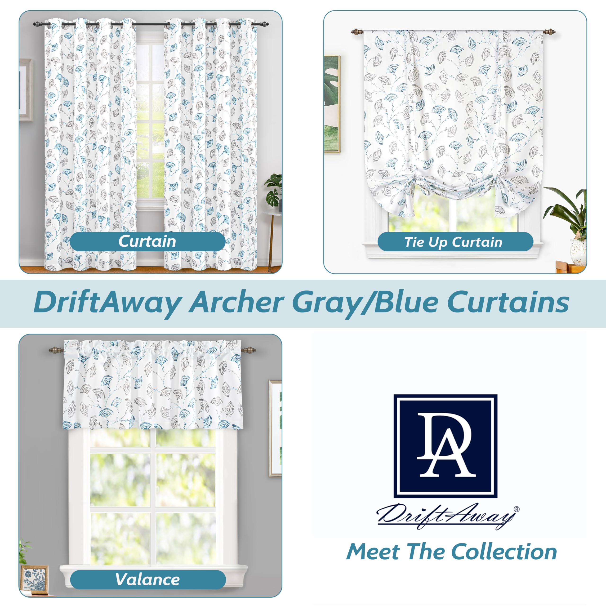 Floral Watercolor Printed Tie-Up Curtains for Windows - DriftAway Adjustable Balloon Shade with Rod Pocket, Kitchen & Small Window Room Darkening (45