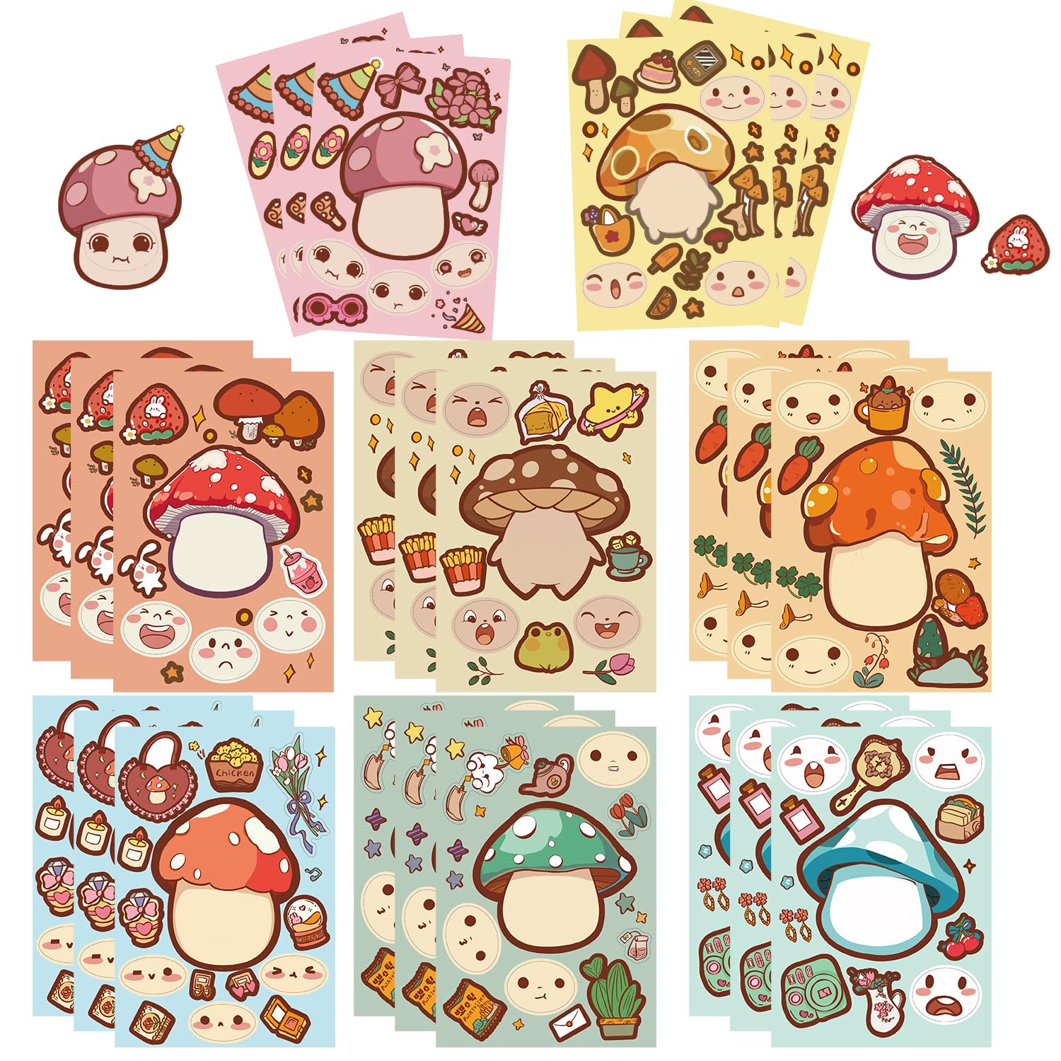 32 Sheet DIY Mushroom Stickers for Kids - Fun Mushroom Face Stickers for Birthday Parties, Creative Art Projects & Gifts for Boys and Girls - Perfect for Scrapbooking, Journals & School Crafts