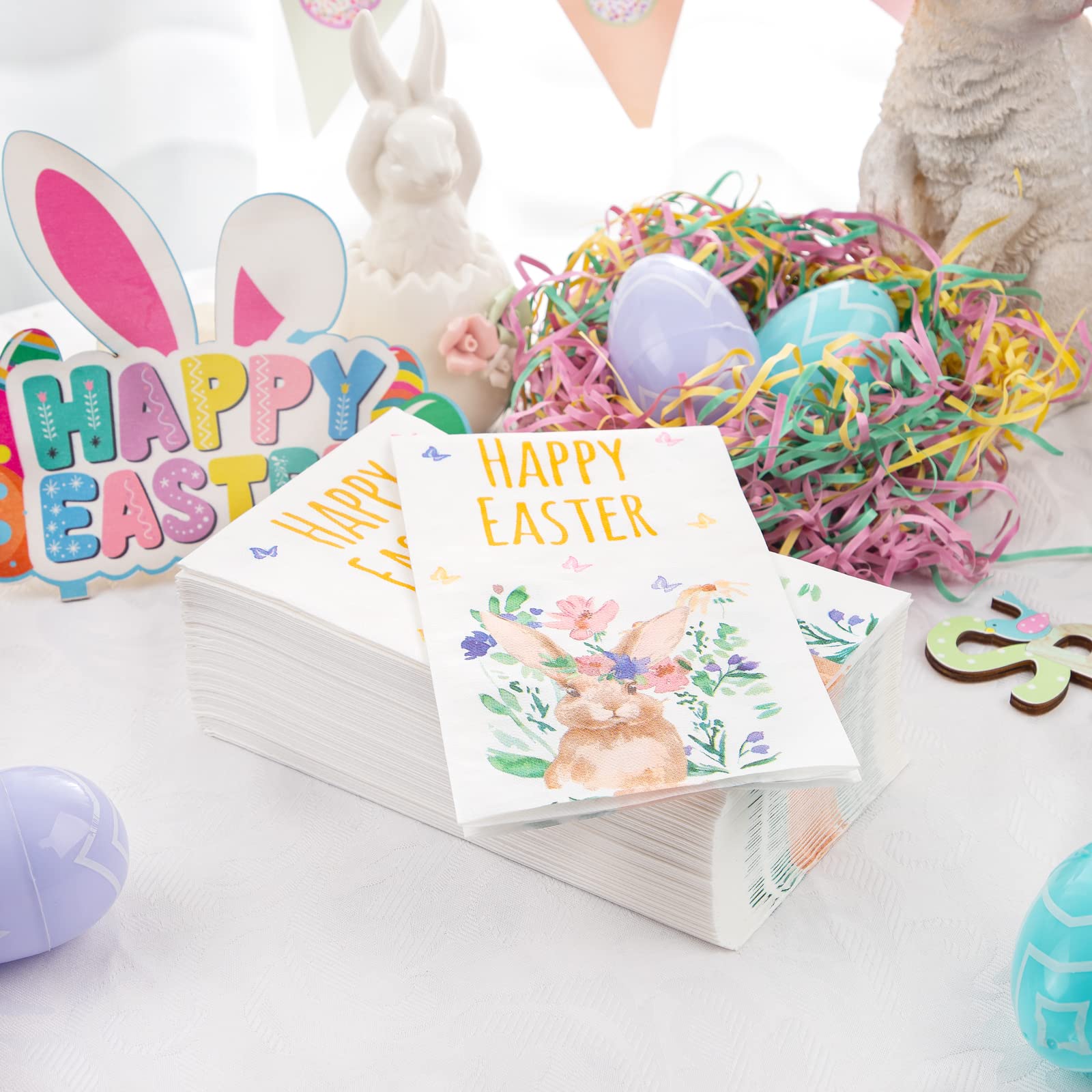 BUCLA 100-Count 3-Ply Easter Bunny Paper Napkins - Premium Disposable Soft & Absorbent Napkins for Easter Parties, Weddings, Cocktail Beverages & Holiday Celebrations - Bunny Themed Tableware for Festive Gatherings