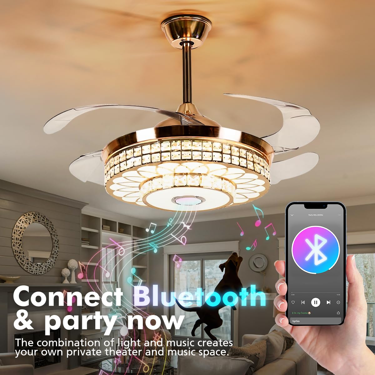 42 Inch Modern Crystal Ceiling Fan with LED Light & Remote Control - 3 Speed Levels, Retractable Chandelier Design, Bluetooth Speaker - Perfect for Living Room, Dining Room & Bedroom