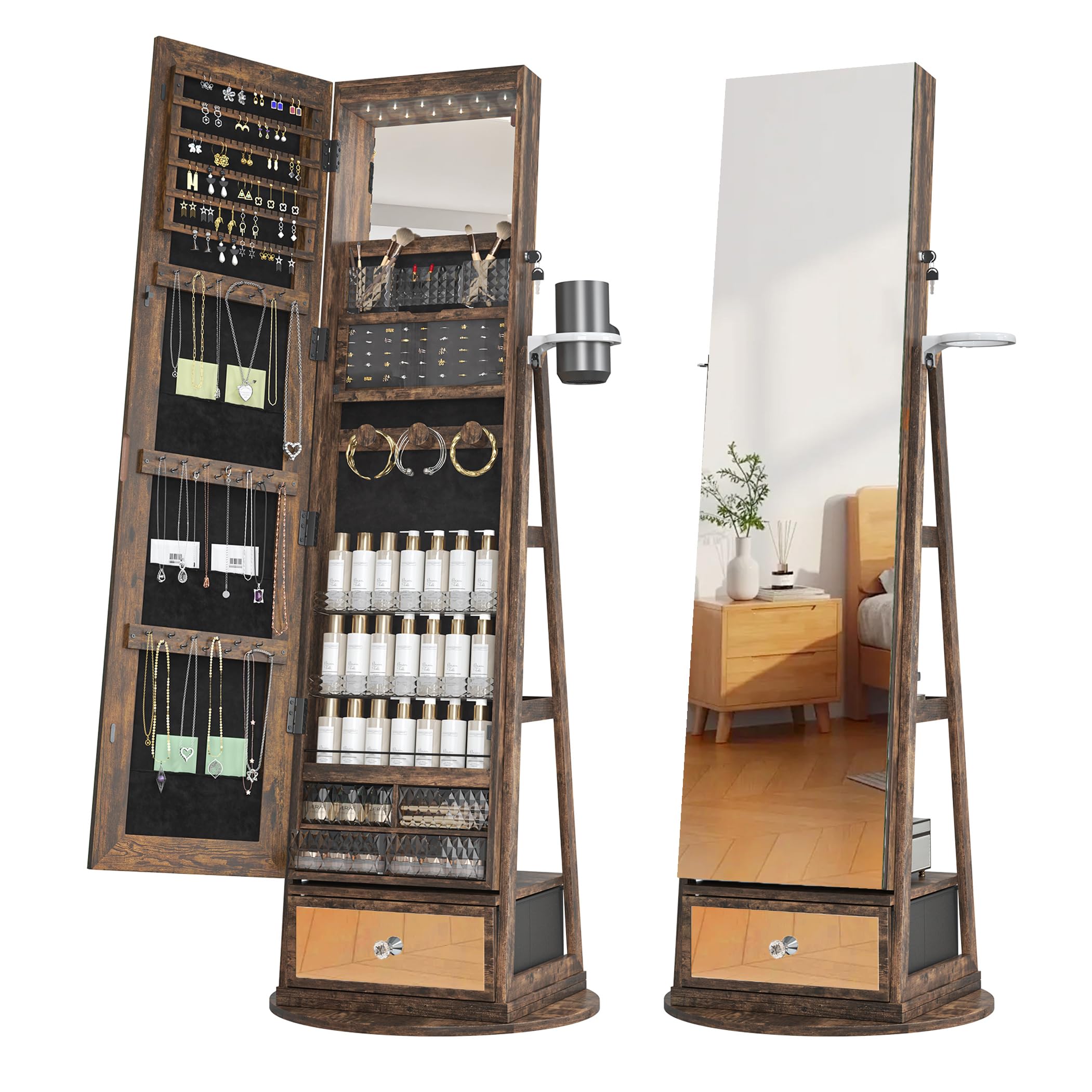 360° Swivel Jewelry Cabinet with Mirror - 6 LED Lights, Rotatable Full Length Mirror & Jewelry Storage Shelf | Standing Jewelry Armoire Organizer for Bedroom, Closet & Dressing Room Decor
