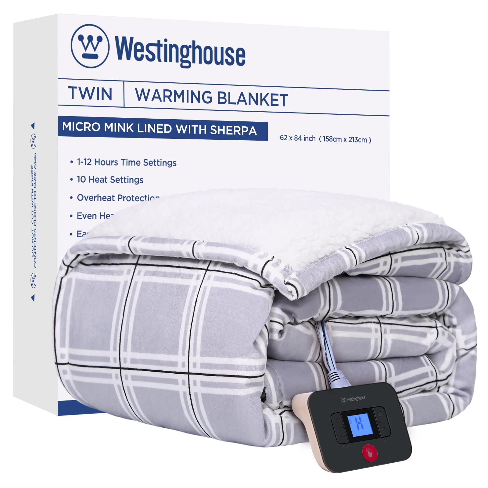 Westinghouse Electric Heated Blanket - Plaid Sherpa Heating Blanket with 10 Heat Settings & 1-12 Hour Timer, Grey Plaid Twin Size 62