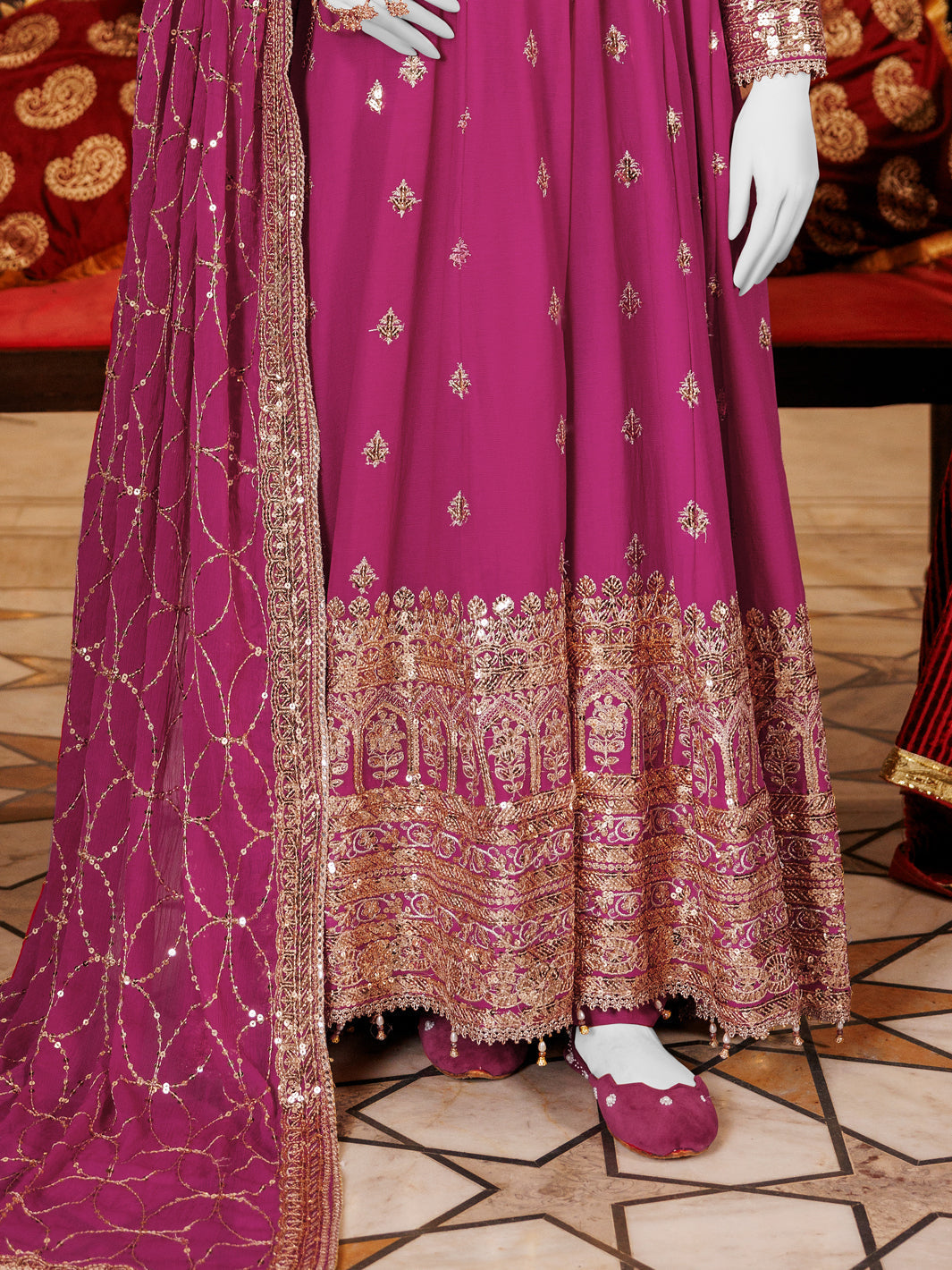 Elegant Chiffon Magenta Embroidered Suit by J. Junaid Jamshed - Perfect for Weddings, Parties & Formal Occasions