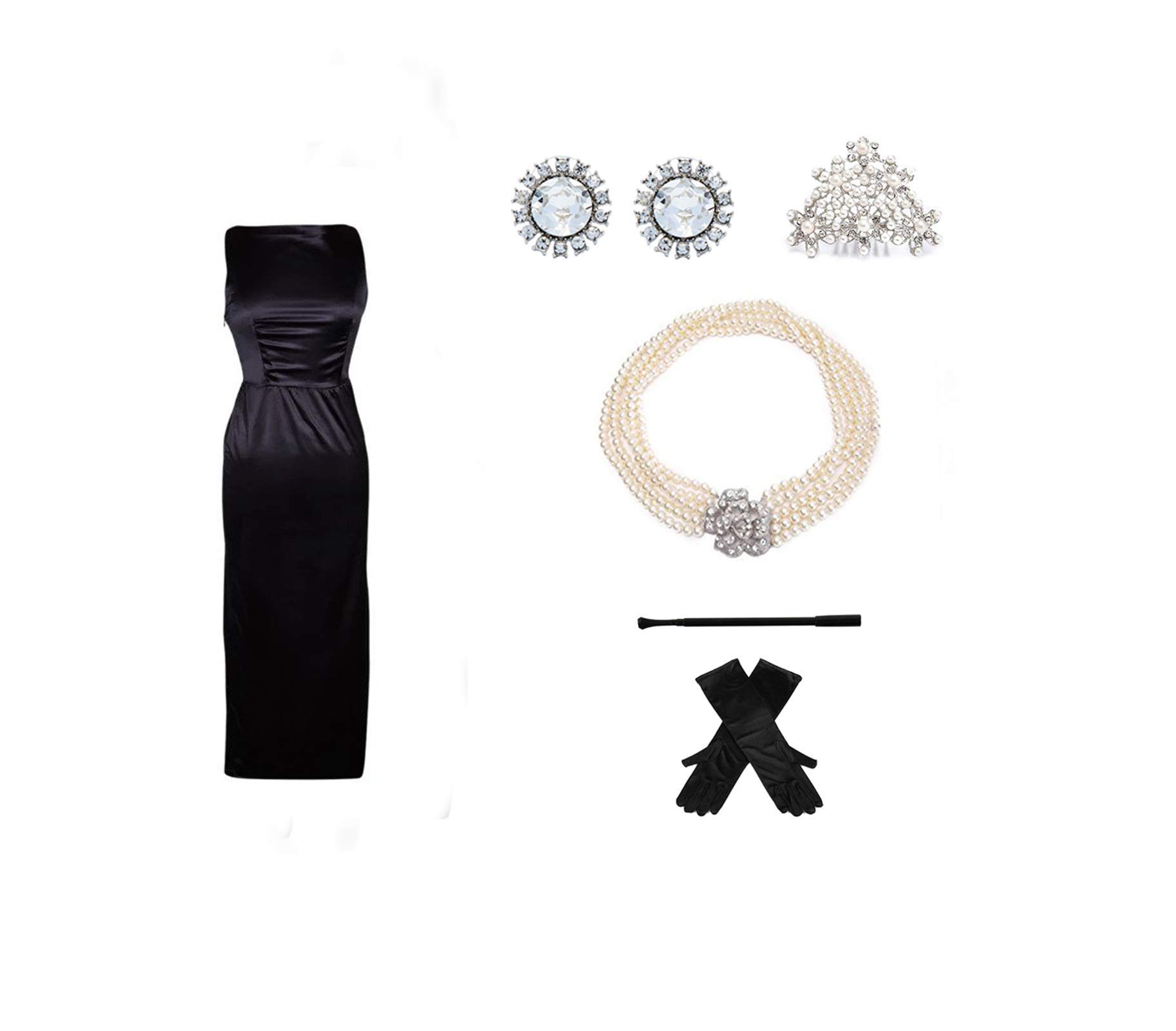Audrey in a Bag Premium Iconic Black Dress Costume Set - Old Hollywood Inspired Elegant Evening Gown for Halloween, Cosplay, and Themed Parties