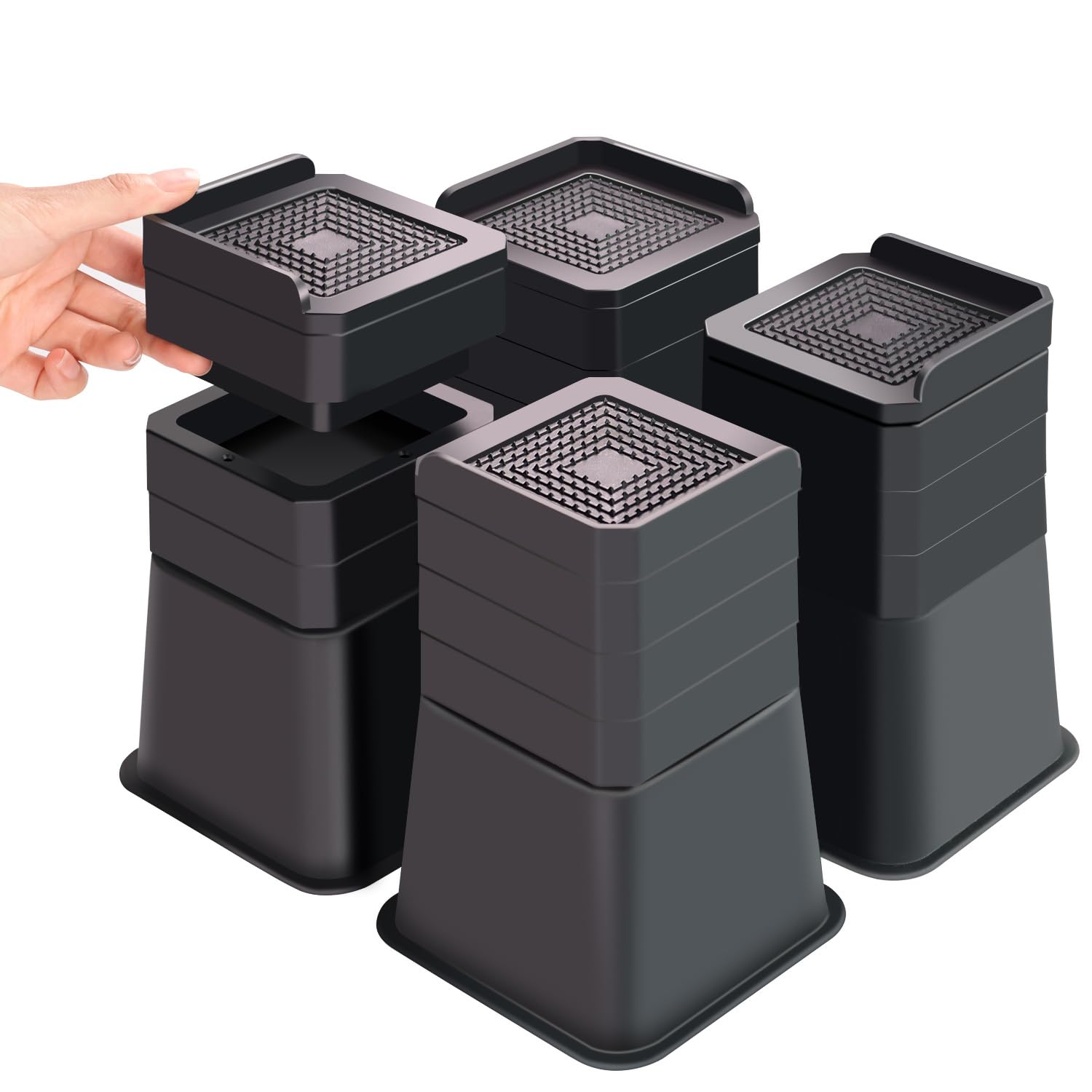 Heavy Duty Adjustable Bed Risers 3-7 Inch - L Shape Furniture Risers for Beds, Tables, Couches, Sofas, Desks & Cabinets (Black) - Perfect for Home, Office & Dorm Room Organization & Space Saving