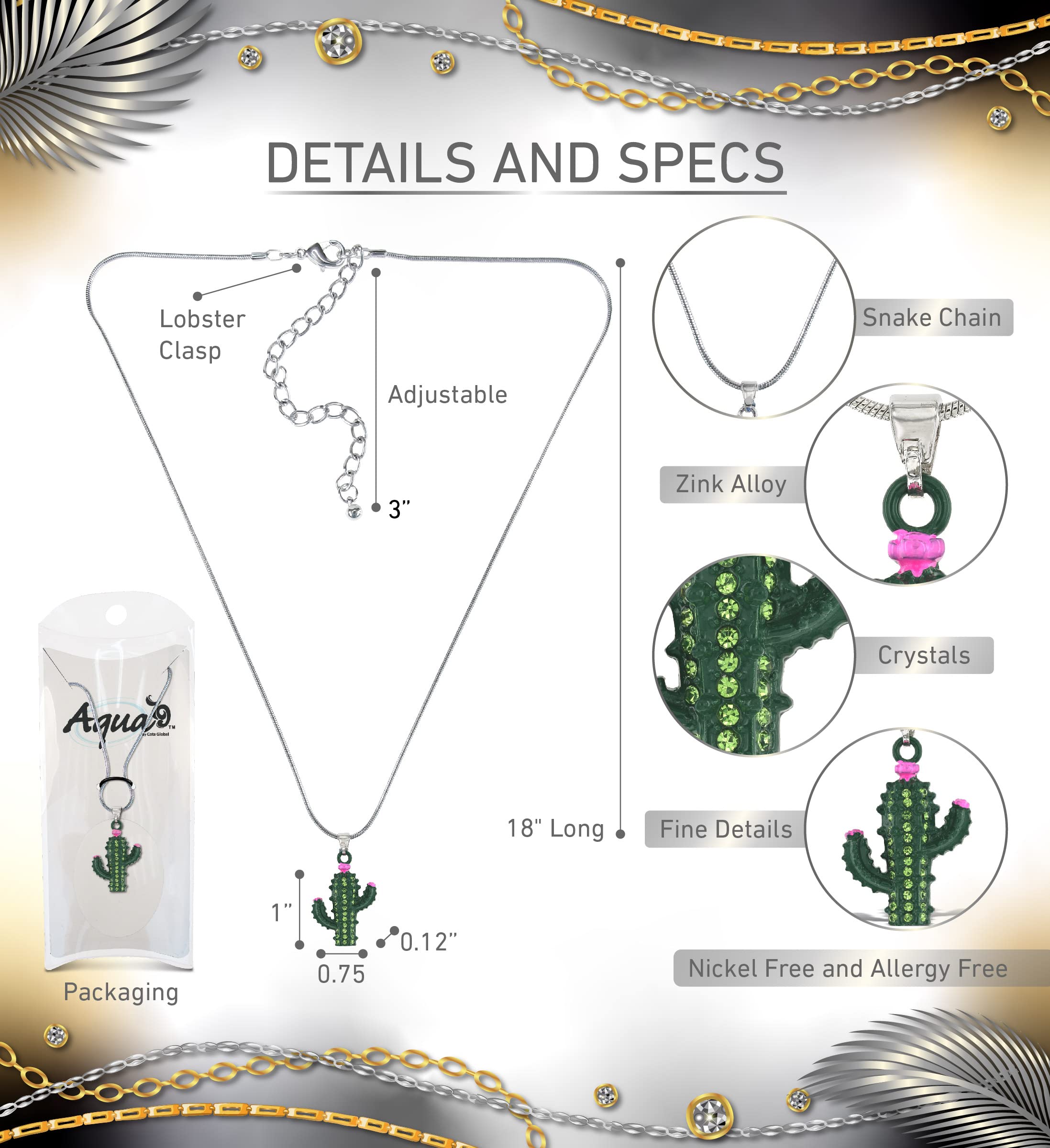 Silver Cactus Sparkling Crystal Pendant Necklace - Elegant Southwest Jewelry with Shiny Cactus Charm, 18
