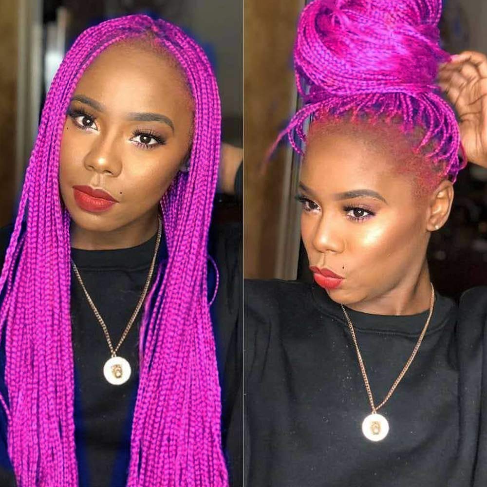 Hot Purple Long Box Braided Wigs for Women - 28 Inch Micro Braided Lace Front Synthetic Wigs | Glueless Heat Resistant Fiber Hair for Cosplay, Halloween & Party Wear