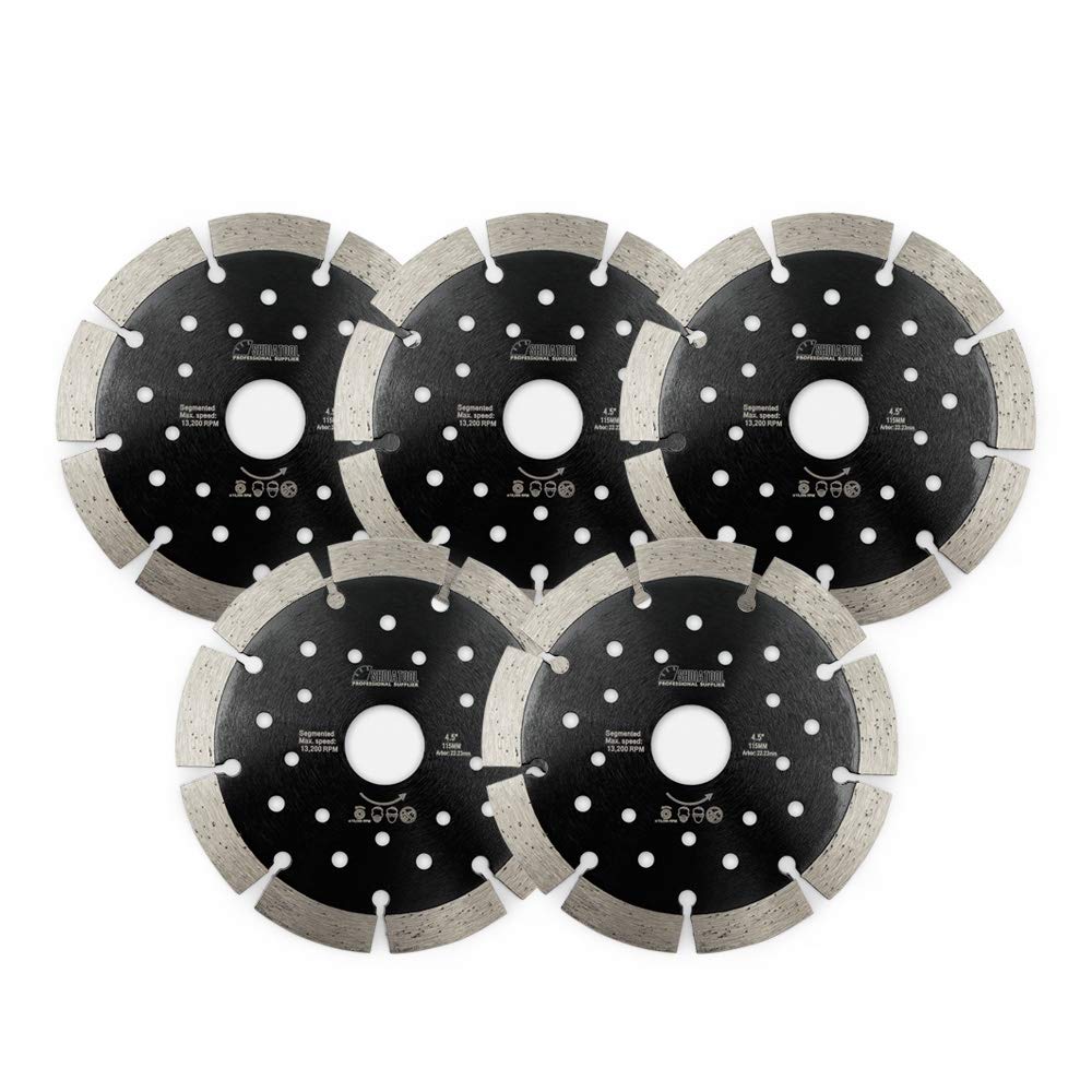 5 Pack 4-1/2 Inch Diamond Blades for Concrete, Stone, Brick & Block - Dry/Wet Segmented Cutting Wheel Disc with 7/8 Arbor for Angle Grinder - Perfect for Masonry, Tile & Construction Projects