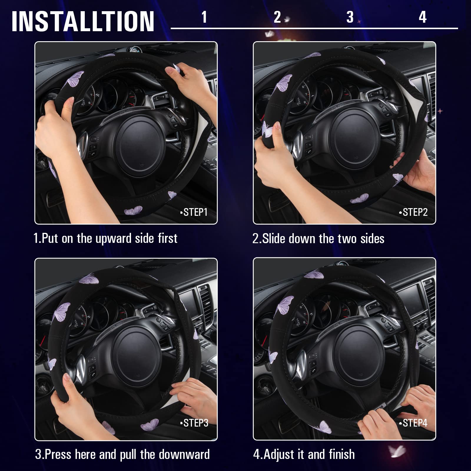 Car Pass Purple Embroidery Butterfly Steering Wheel Cover - Universal 15 Inch Car Wheel Cover for Women & Girls, Fits SUVs, Small Trucks, Sedans, Cars (Black & Purple) - Perfect for Commuting, Road Trips & Daily Driving