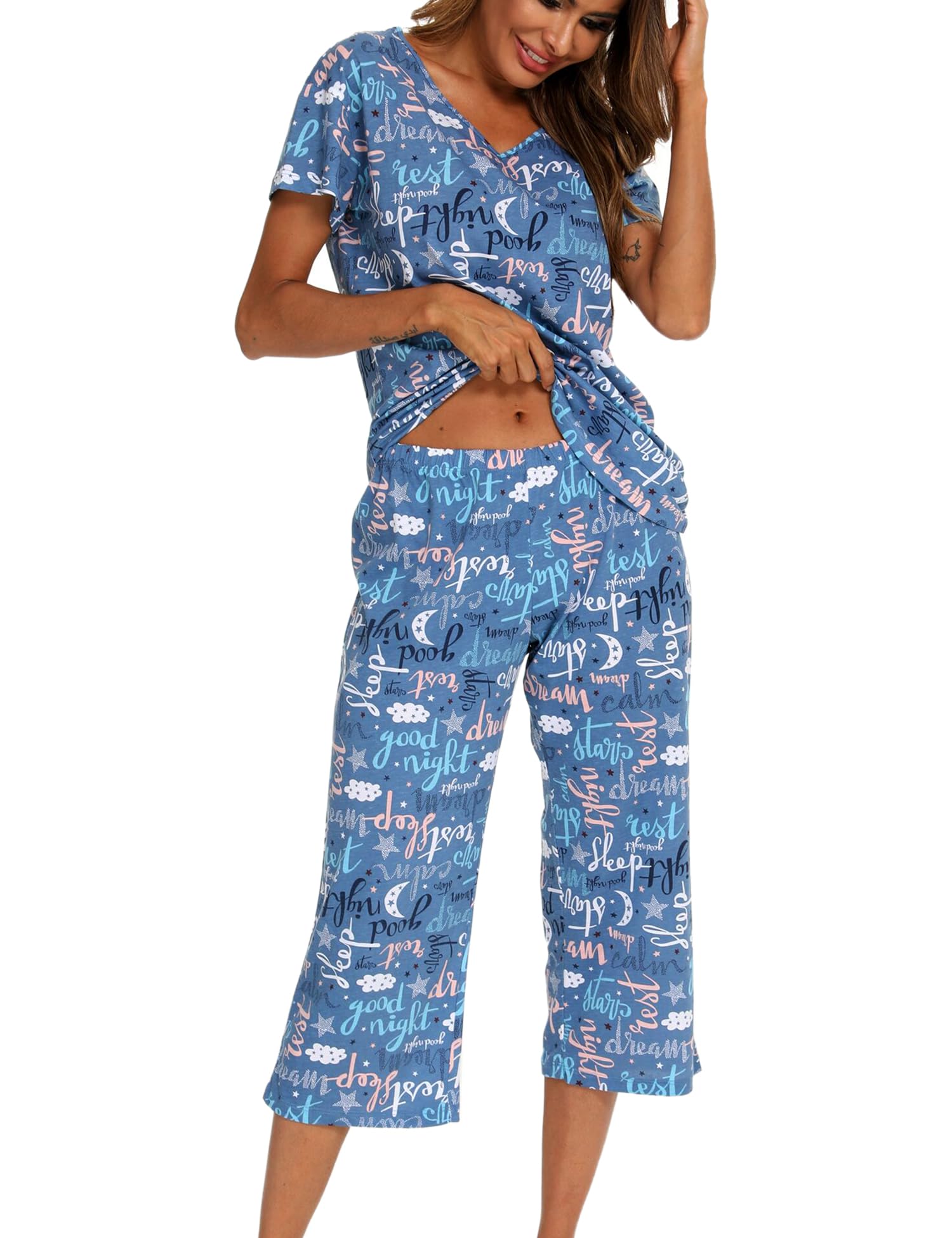 Cotton Pajama Set for Women - Sleepwear Tops & Capri Pants | Cozy Home & Lounge Wear