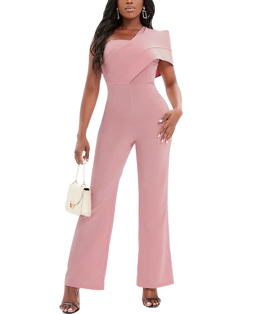 AOMEI Women's Pink Asymmetrical One Shoulder Backless High Waist Wide Leg Jumpsuit - Trendy Summer Outfit for Beach, Party & Casual Wear