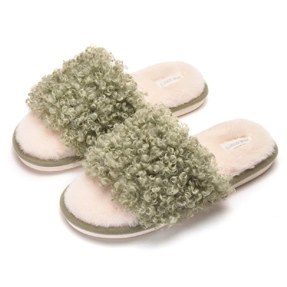YUCHE Women's Open Toe Fur Slippers - Fluffy Plush Indoor/Outdoor House Shoes with Non-Slip Sole - Comfortable Flat Slippers for Women (Size 9, Green) - Perfect for Lounging, Spa Days & Cozy Home Wear