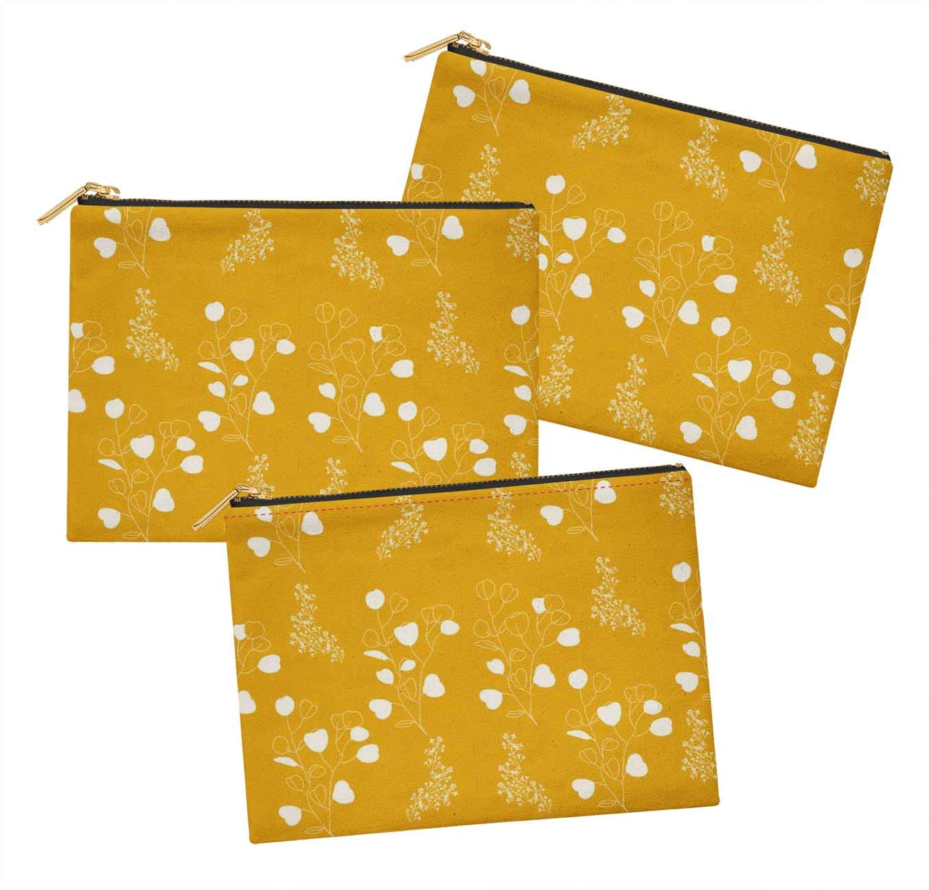 S4Sassy Gold Flower Leaves Printed Cosmetic Bag - Pack of 3 (6x8 Inches) Makeup Pouch, Coin Purse & Toiletry Organizer - Perfect for Travel, Gym & Daily Essentials Storage