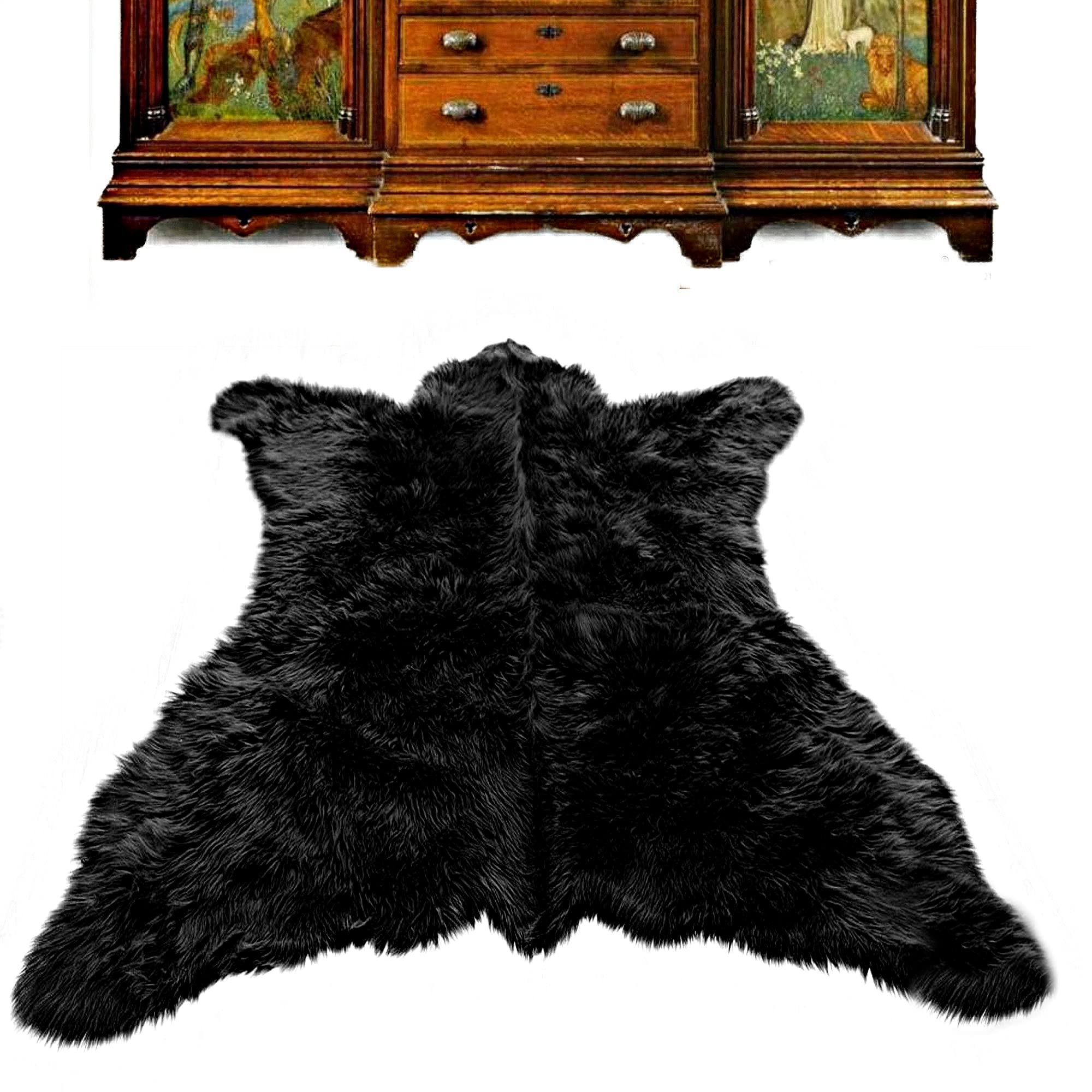 Faux Fur Bear Skin Rug - Soft Shaggy Sheepskin Area Rug - Handmade in USA - Black - Perfect for Living Room, Bedroom & Cozy Home Decor