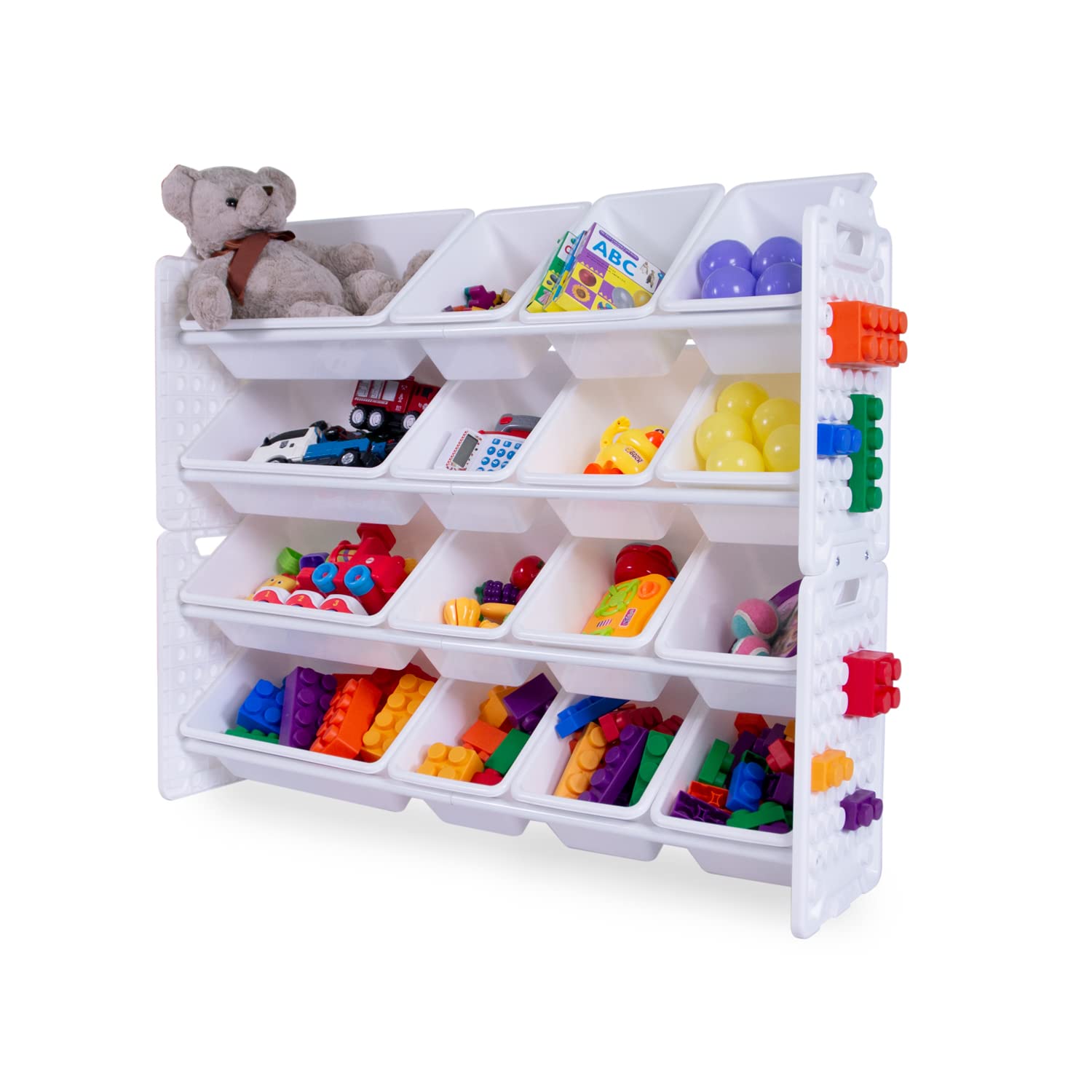 UNiPLAY 16-Bin Toy Organizer with Removable Storage Bins | Kids Bookshelf & Toy Storage for Legos, School Supplies, Arts & Crafts | Sturdy White Baseplate Frame for Playroom & Classroom Organization