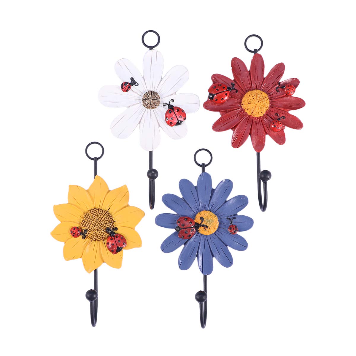 4-Pack Decorative Flower Resin Wrought Iron Wall Hooks - Red, Yellow, White & Purple - Coat Hooks for Garden, Entryway, Bedroom & Bathroom Organization - Rustic Home Decor Hanging Solution for Coats, Hats, Bags & Towels
