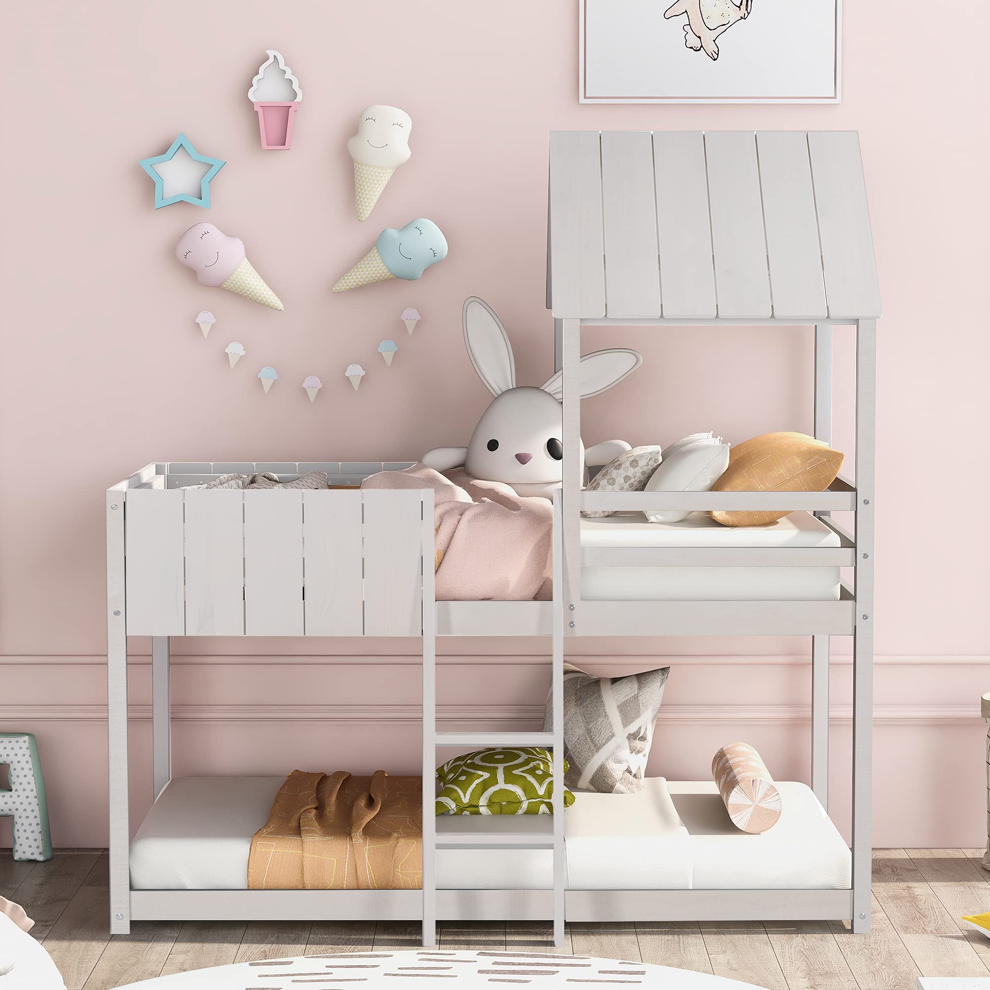 **Twin Size Solid Wood Bunk Bed with Roof, Full-Length Guardrail & Ladder – Easy to Assemble, Wash White – Kids' Bedroom, Space-Saving Loft Bed for Small Rooms**