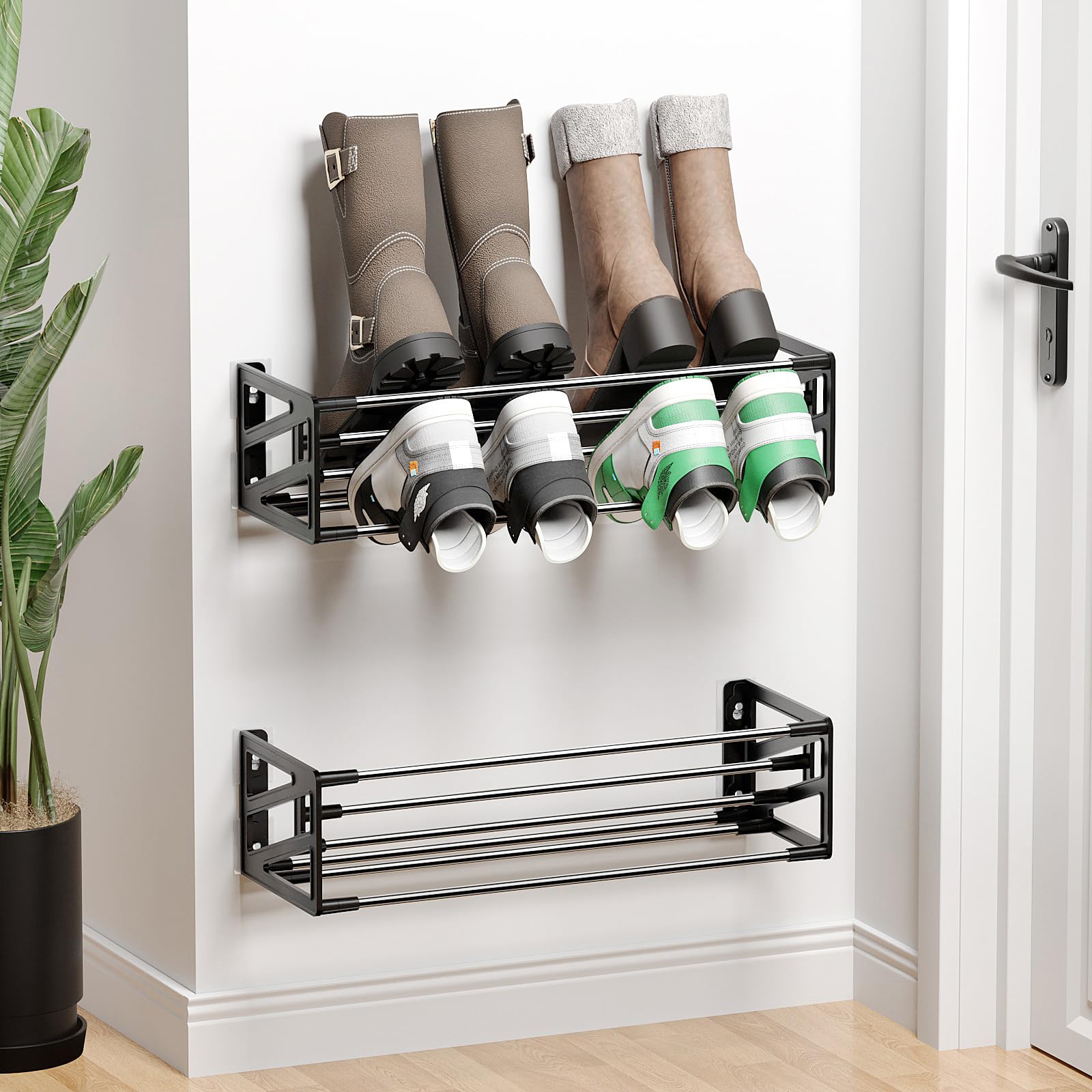 2 Pack Wall Mounted Shoe Rack for RV - Space Saving Hanging Shoe Organizer with Adhesive Mounts, Holds 8 Pairs of Shoes - Perfect for Closet, Camper, Dorm, Apartment & Small Space Organization (Black)