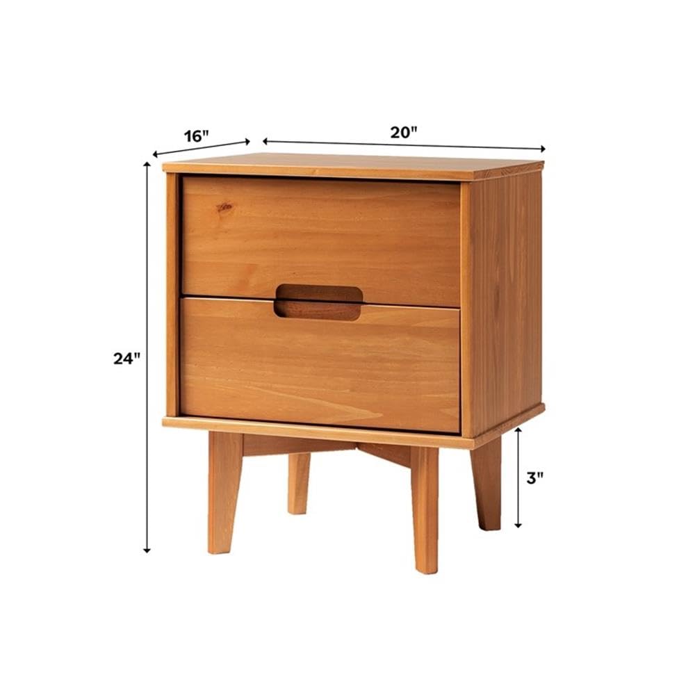 Walker Edison Mid Century Modern Wood Nightstand - 2 Drawer Bedside Table with Grooved Handle, Storage Shelf & Drawer, Caramel Finish - Perfect for Bedroom, Living Room, or Office Use