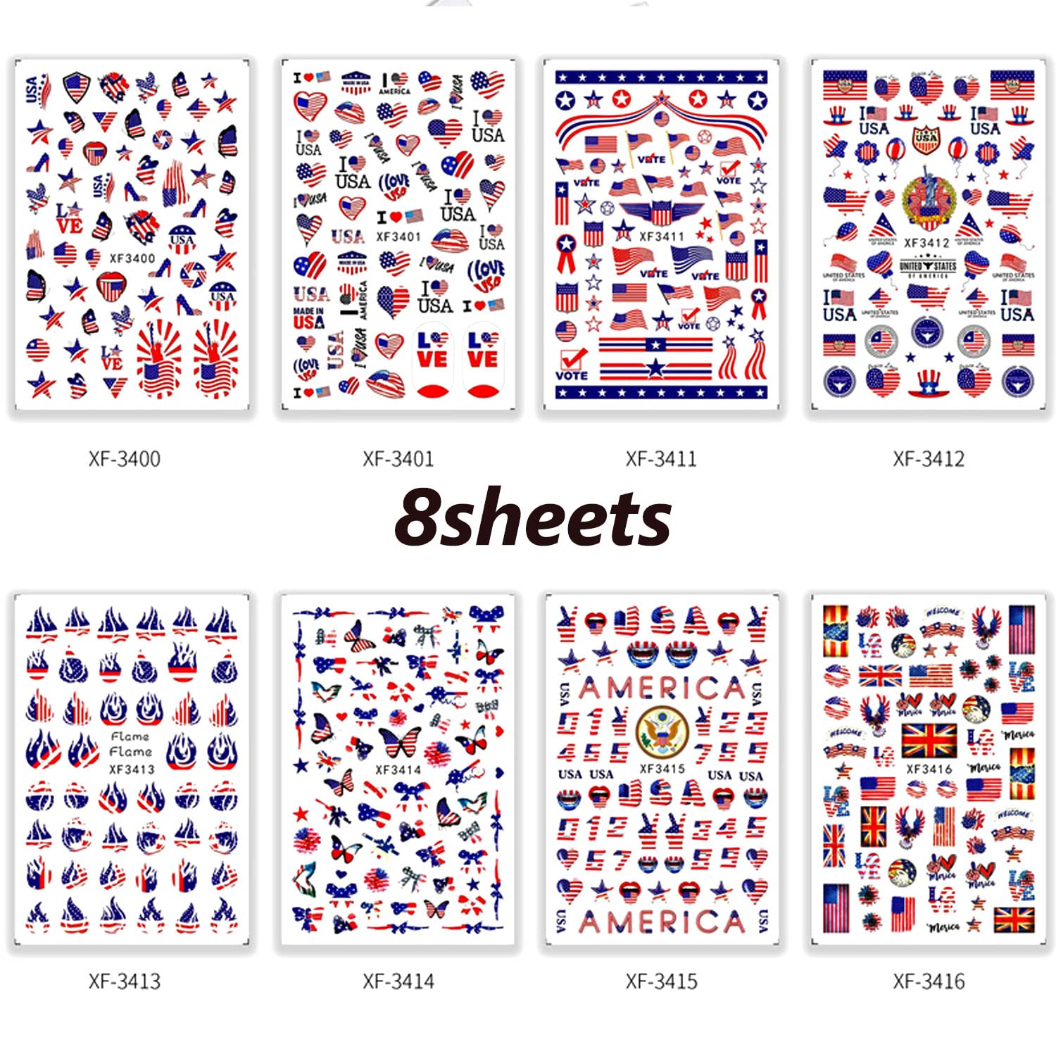 8 Sheets American Flag Nail Stickers - USA Independence Day Nail Decals with Stars, Butterflies & Heart Designs | Nail Art Supplies for Women | Perfect for 4th of July Parties, Patriotic Events & Nail Salon Decorations