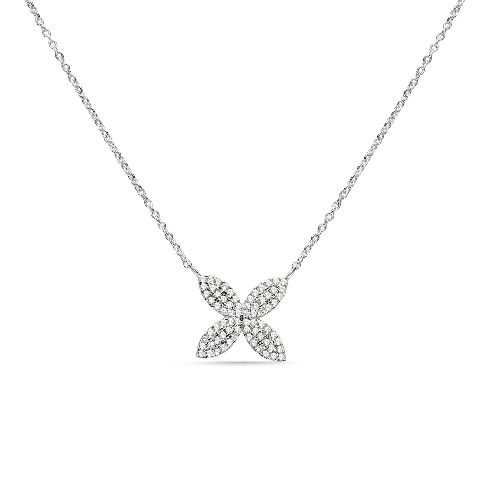 14K White Gold Diamond Flower Necklace with Four Petal Pavé Design - Elegant Jewelry Gift for Women, Perfect for Weddings, Anniversaries & Special Occasions