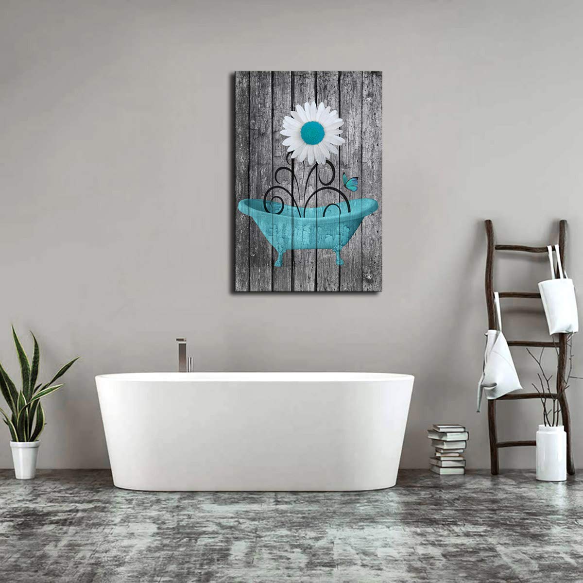 Modern Daisy Canvas Wall Art - Rustic Wood Background Framed Flower Painting 16x24 Inch - Ready to Hang Bathroom, Bedroom, Living Room & Office Decor - Blue Floral Artwork for Home & Spa Relaxation