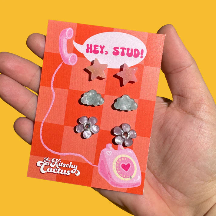 Hey, Stud #4 Earrings - Stylish Silver Stud Earrings for Women, Trendy Punk Fashion Jewelry Gift - Perfect for Parties, Concerts & Everyday Wear
