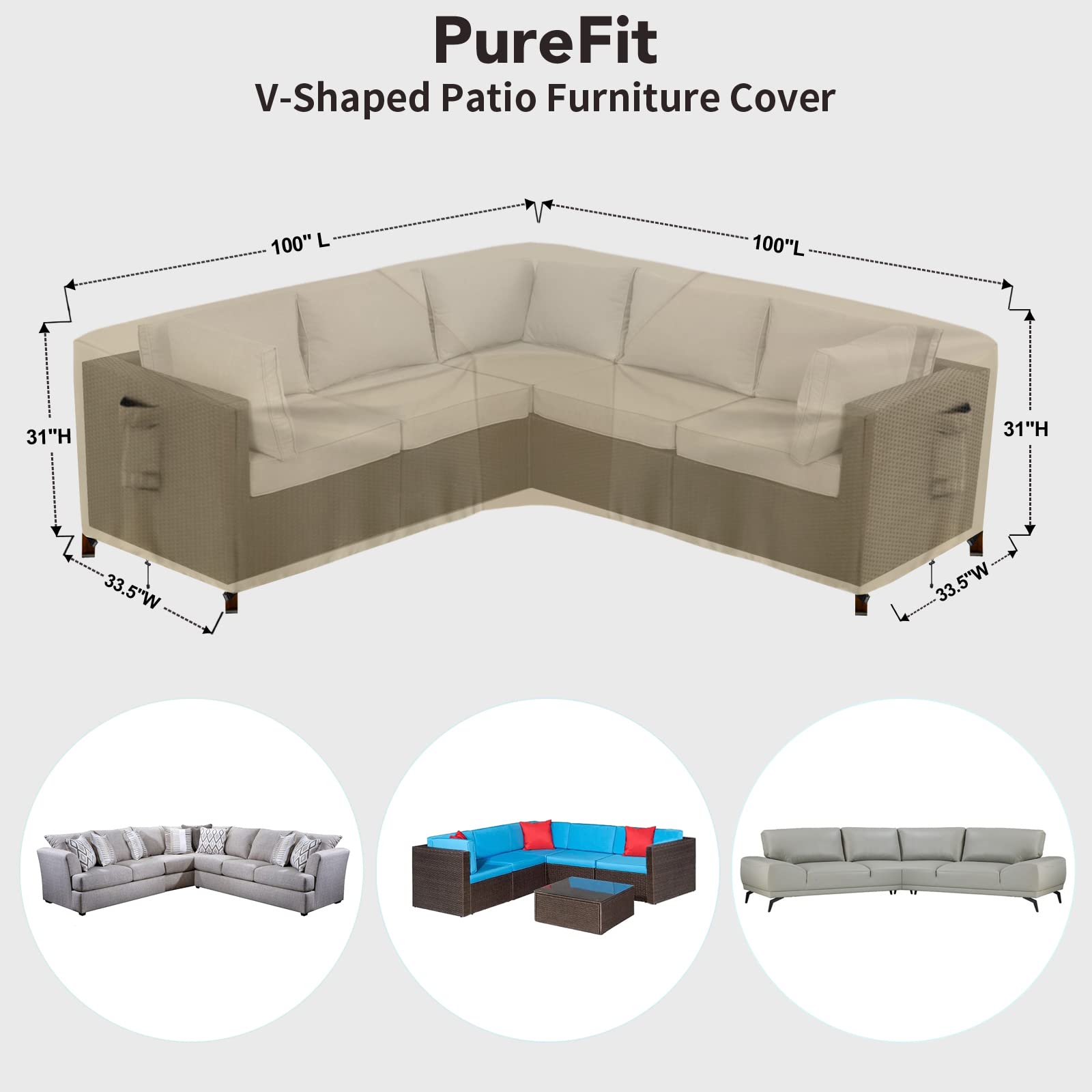 PureFit Outdoor Sectional Sofa Cover - Waterproof V-Shaped Patio Furniture Protector for Deck, Lawn & Backyard - 100”x100” Camel - Perfect for Rain, Sun & Snow Protection