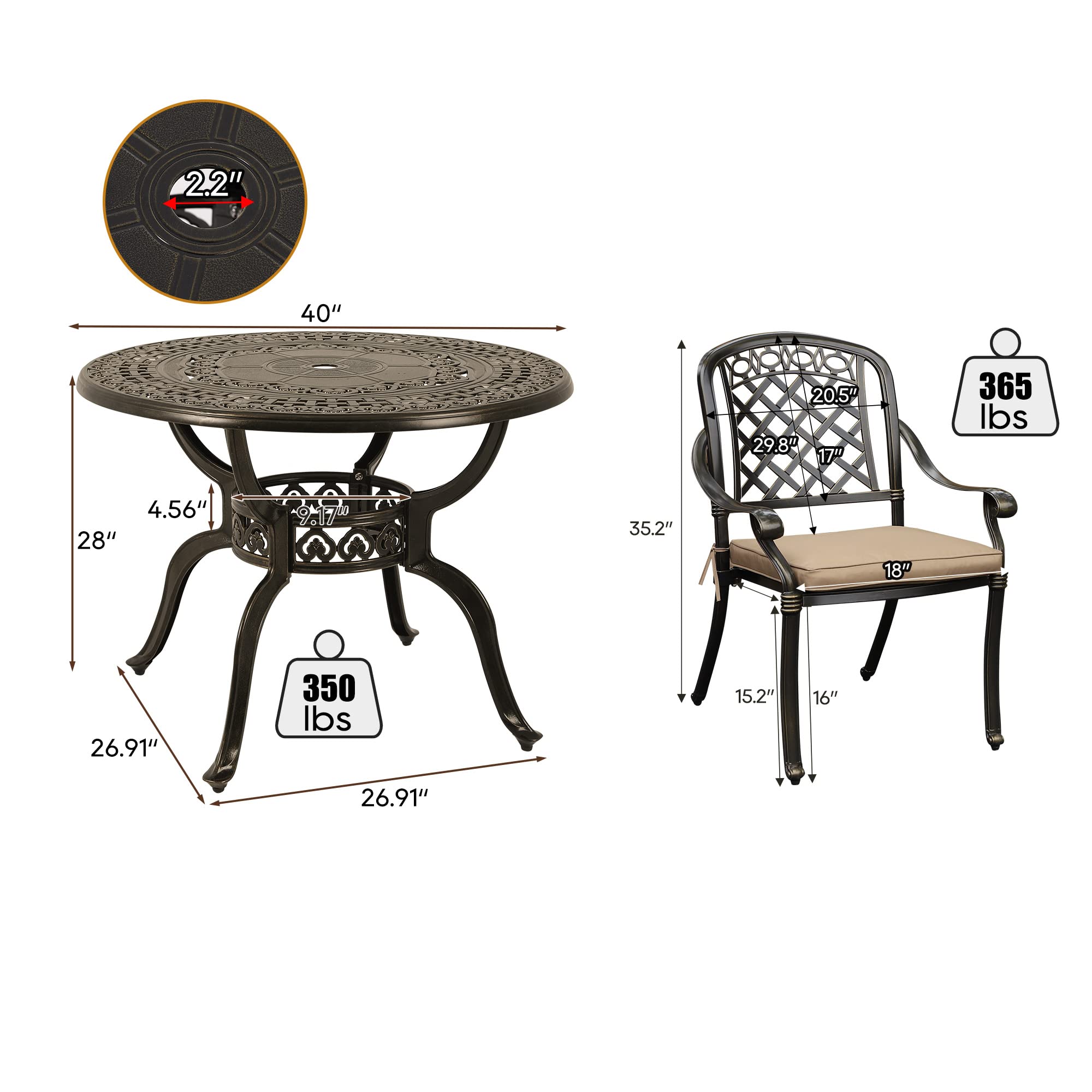 5-Piece All-Weather Cast Aluminum Outdoor Dining Set with 4 Chairs & Cushions - Patio, Garden, Backyard Furniture with 2.0