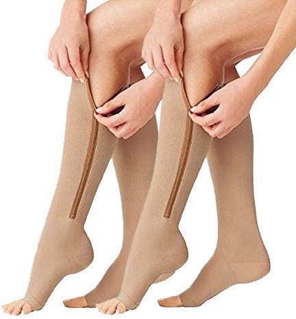 ACTINPUT 2 Pairs Open Toe Compression Socks for Women & Men - Knee High Support Stockings with Zipper for Circulation, Running, Travel & Nursing - Ideal for Varicose Veins Relief & Post-Surgery Recovery