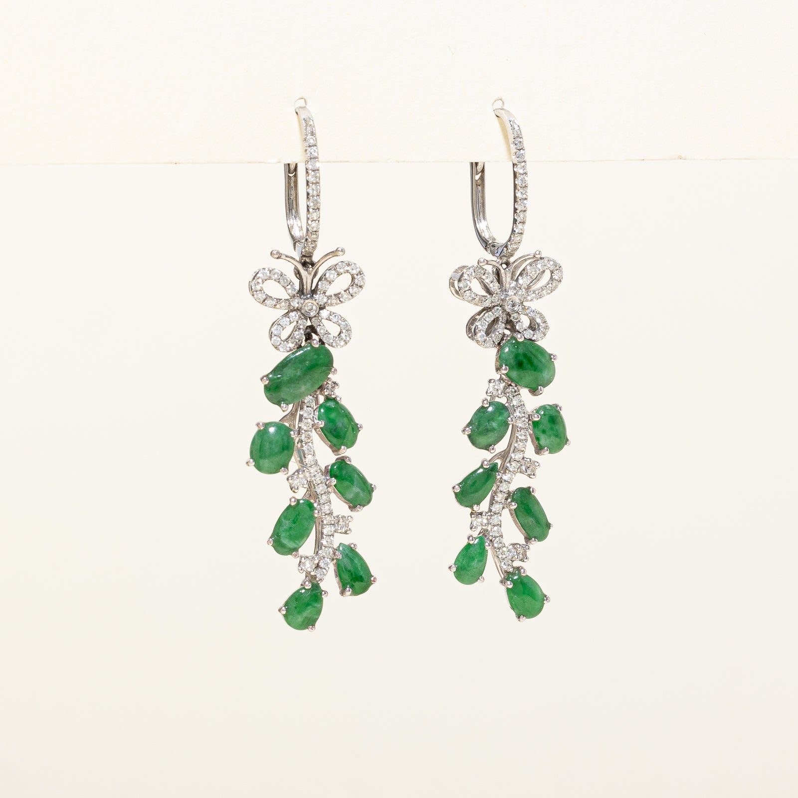 Exquisite 3.50ctw Jade & 0.68ctw Diamond Butterfly Drop Earrings - Elegant Dangle Jewelry for Women | Perfect for Weddings, Parties & Special Occasions