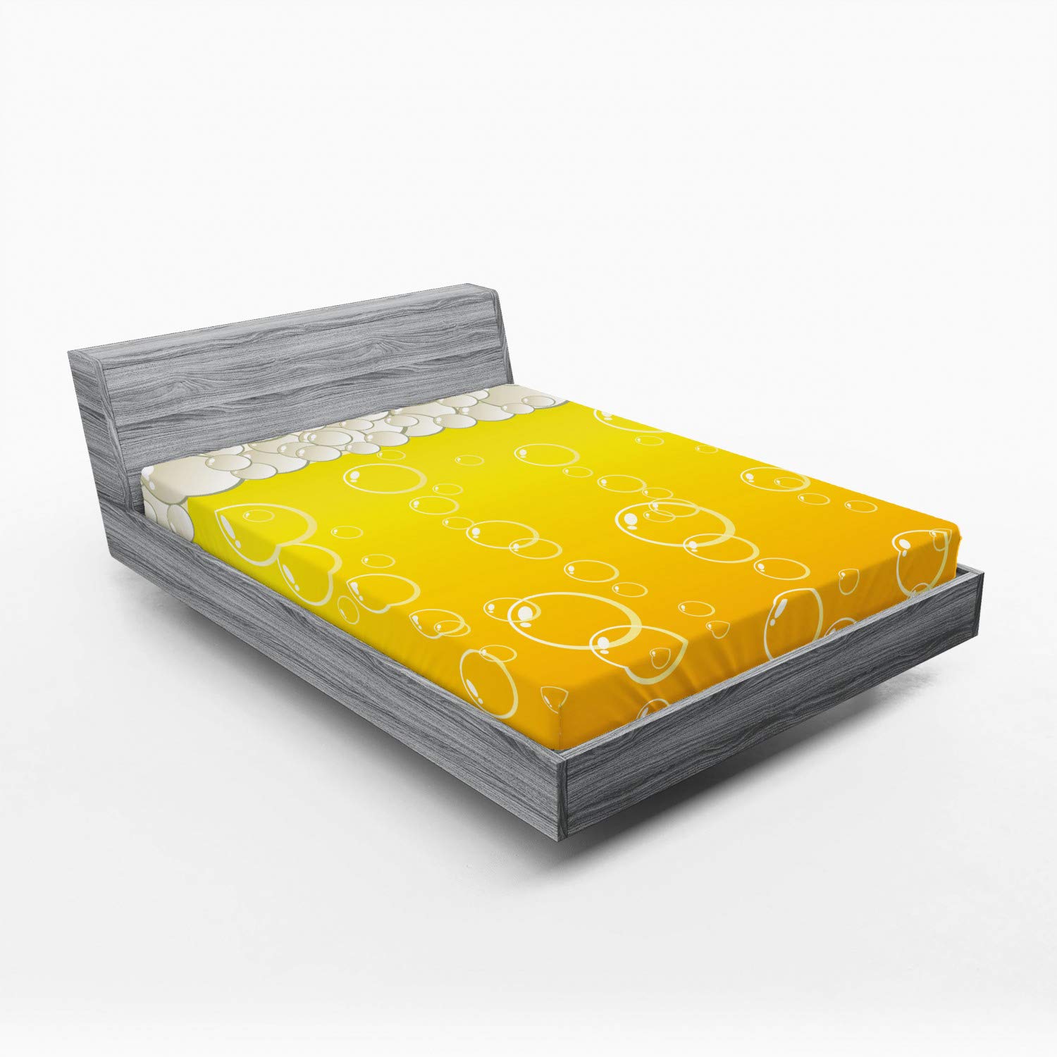 Ambesonne Abstract Fitted Sheet - Bubbles & Beer Alcohol Drink Design, Deep Pocket Elastic Queen Size Bed Sheet in Yellow & White | Perfect for Dorm Rooms, Guest Beds & Modern Home Decor
