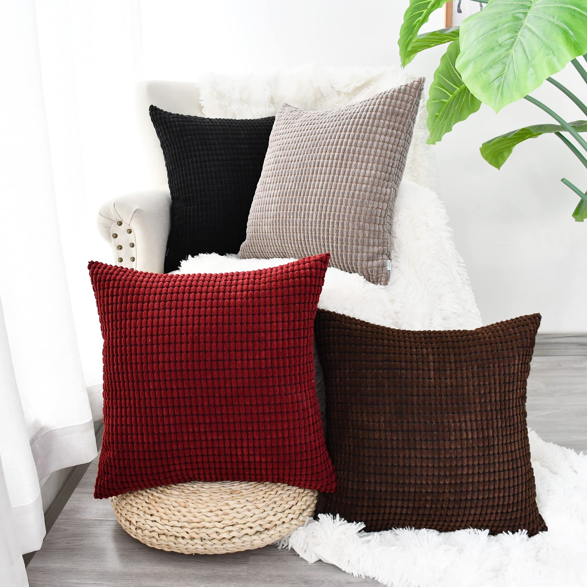 Premium Corduroy Striped Throw Pillow Covers Set of 2 - 24x24 Inch Soft Waffle Textured Decorative Cushion Cases for Sofa, Couch & Bed - Farmhouse Style Home Decor in Warm Brown - Perfect for Living Room, Bedroom & Cozy Reading Nook