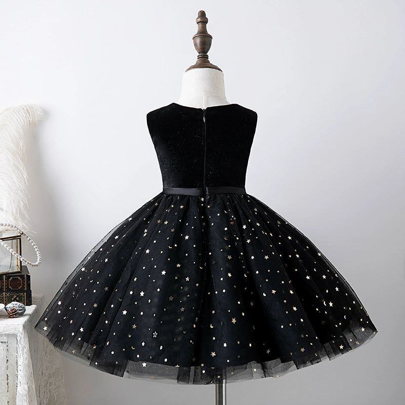 Black Princess Round Tea Length Tulle Flower Girl Dress for Weddings, Birthday Parties & Special Occasions