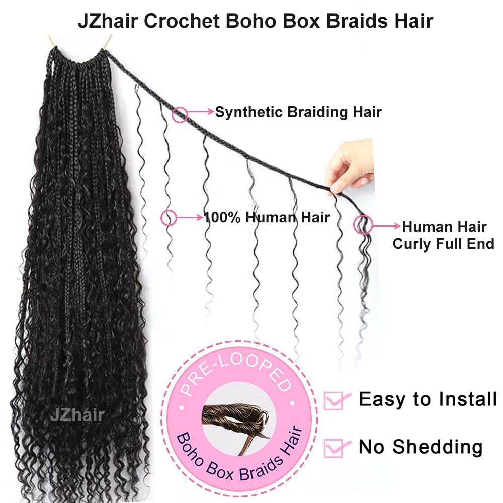 Pre-Looped Crochet Boho Box Braids with Human Hair Curls - 18 Inch Natural Color Hair Extensions for Women (2 Pack, 80 Strands) - Perfect for Protective Styling, Everyday Wear & Special Occasions