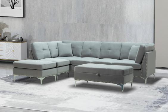 Grey Velvet Fabric Sectional Sofa with Storage Ottoman & Bench - Model Cynthia | Modern Living Room Furniture for Small Spaces | Perfect for Apartments, Condos and Cozy Family Gatherings
