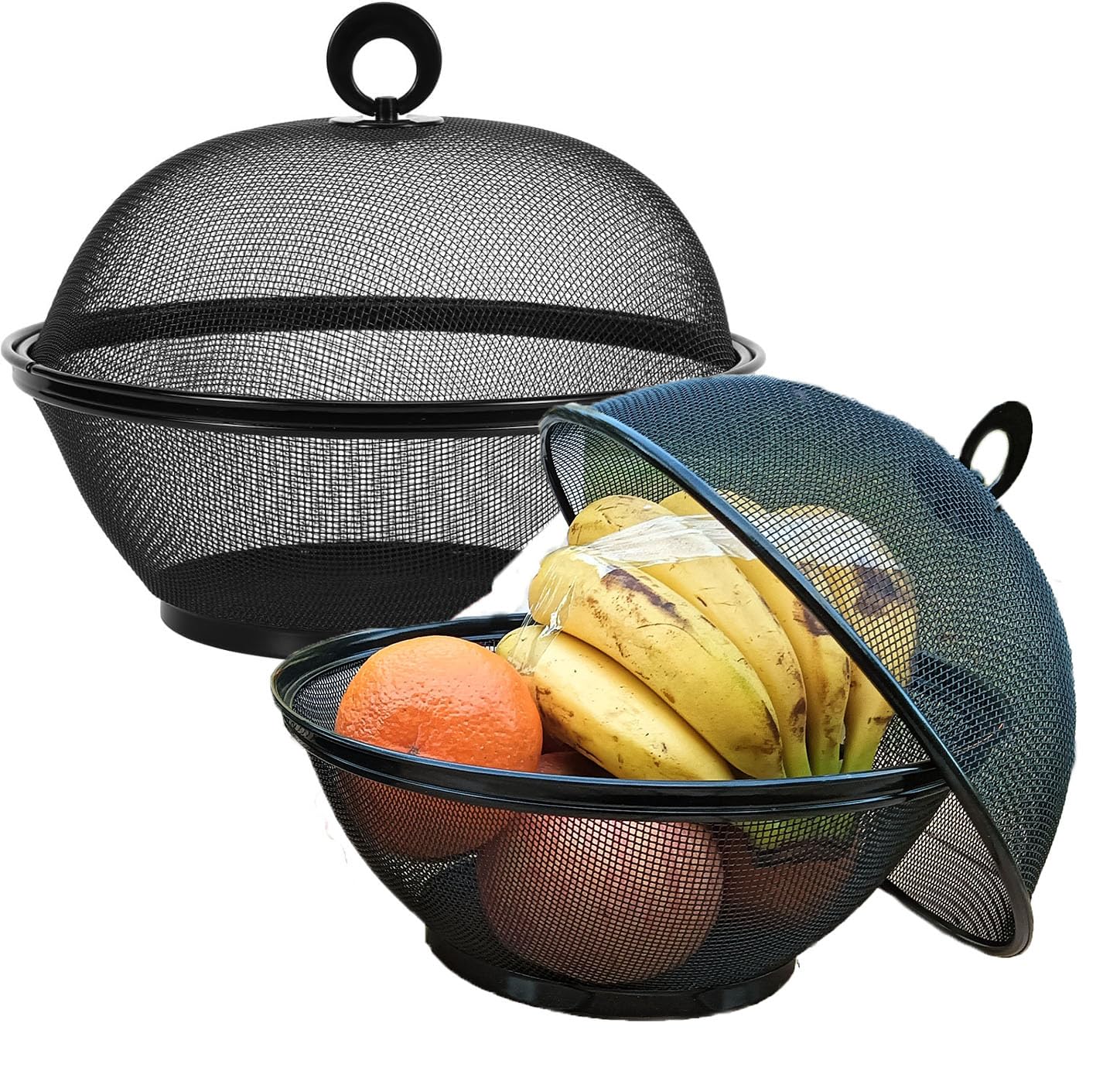 Stainless Steel Fruit Basket with Lid - 2 Pack Decorative Wire Mesh Bowl for Fruits & Vegetables, Fly-Proof Kitchen Storage & Display, Perfect for Countertop, Dining Table, and Party Serving (10.7 Inch, Black)