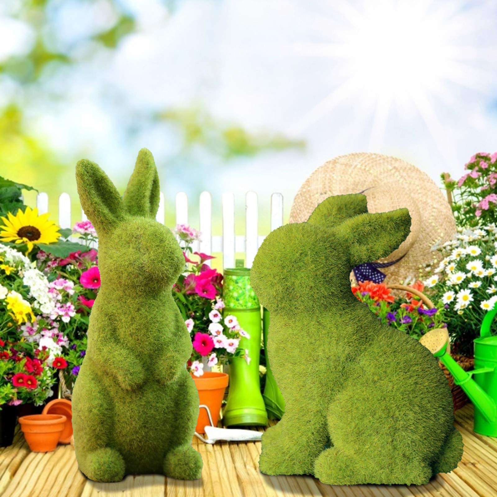 Pacoco Easter Bunny Decoration - Flocked Rabbit Garden Statue, Faux Moss Resin Animal Figurine for Easter Basket, Table Centerpiece, Window Display, Yard & Home Decor - Perfect for Spring Celebrations and Easter Party Decorations