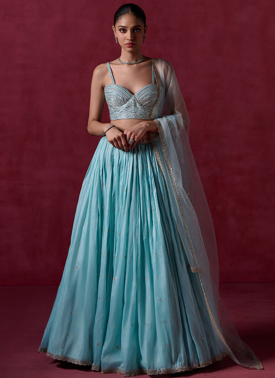 Elegant Light Dusty Blue Embroidered Organza Lehenga Choli Set for Women - Perfect for Weddings, Festivals & Special Occasions