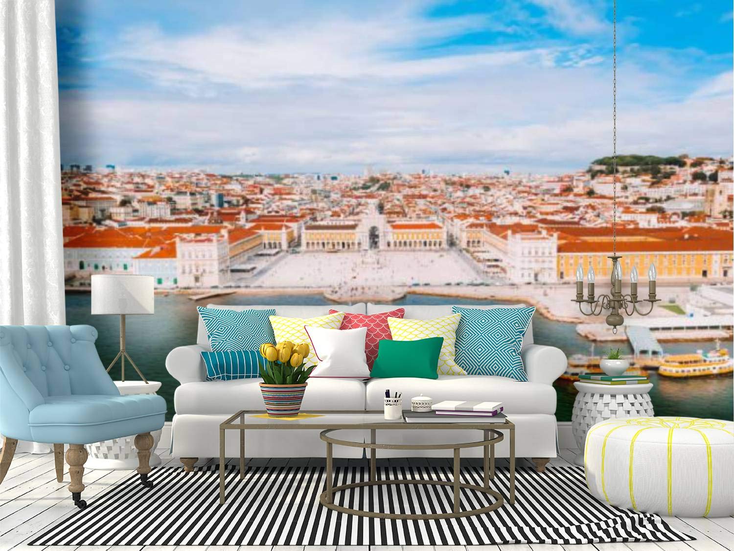 Aerial View of Lisbon Old Town Center Peel and Stick Wallpaper - Self-Adhesive Removable Vinyl Wall Mural for Home Decor | Perfect for Living Room, Bedroom & Office Accent Walls
