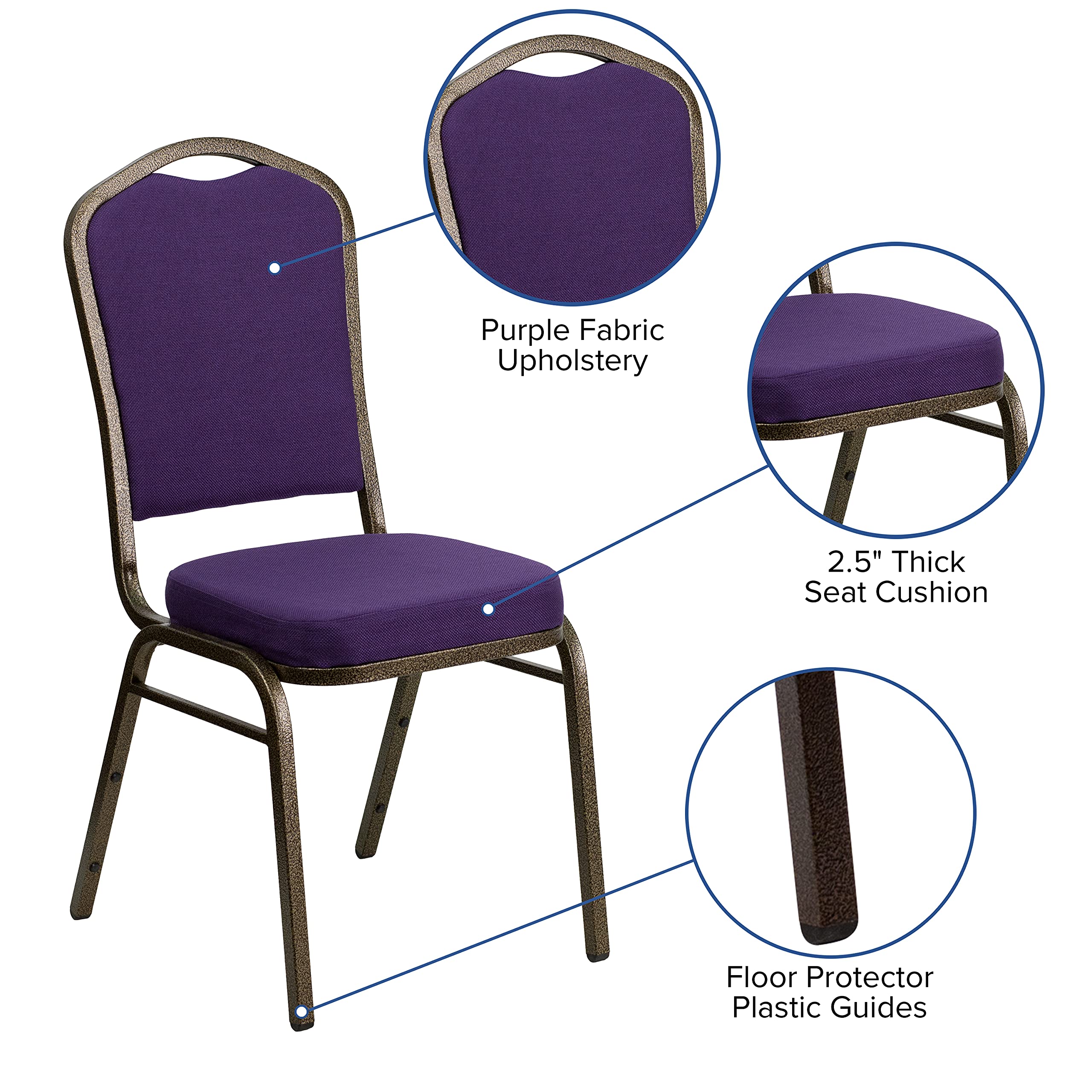 EMMA + OLIVER Crown Back Stacking Banquet Chair - Purple Fabric with Gold Vein Frame - Perfect for Weddings, Events & Home Dining Rooms