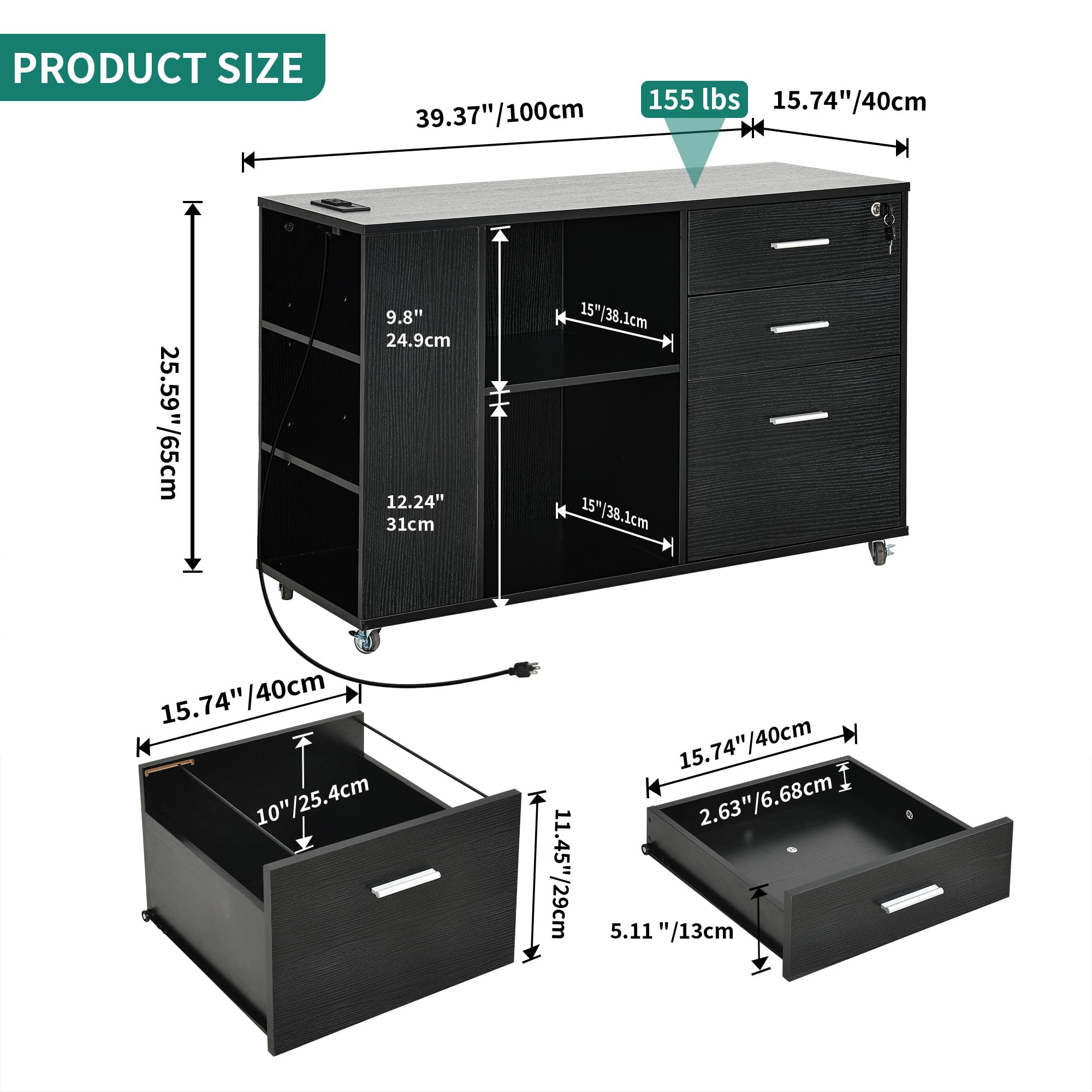 YITAHOME Black File Cabinet with USB Charging Station - Mobile Lateral Filing Cabinet with Lock for Home Office, Printer Stand with Open Storage Shelf - Perfect for Home Office Organization & Workspace Storage