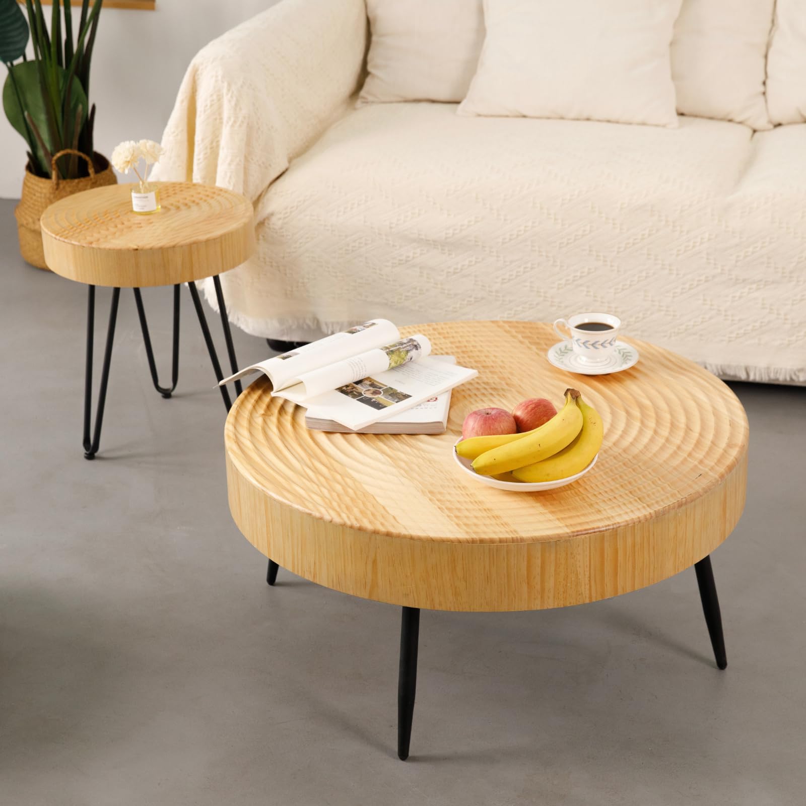 FIDROOM Round Wood Coffee Table Set of 2 - Farmhouse Nesting Tables with Fluted Finish, Boho Circle Center Table for Living Room, Tiny Home, Apartment - Perfect for Small Spaces, Coffee Time & Home Decor (Ring Pattern)