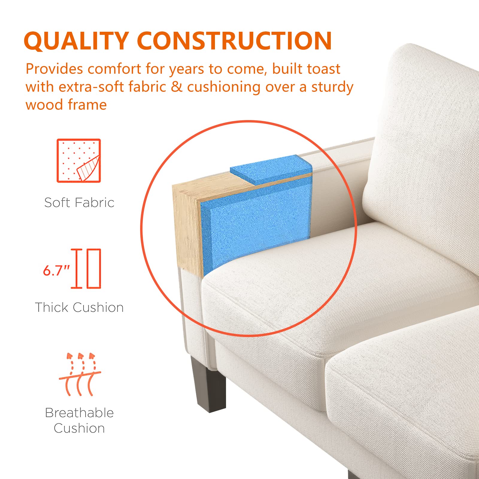 Kevinplus Modern 2-Seat Loveseat Sofa - Linen Upholstered Couch for Living Room, Home Office & Small Spaces - Comfortable Beige Furniture for Apartments, Dorms & Cozy Reading Nooks