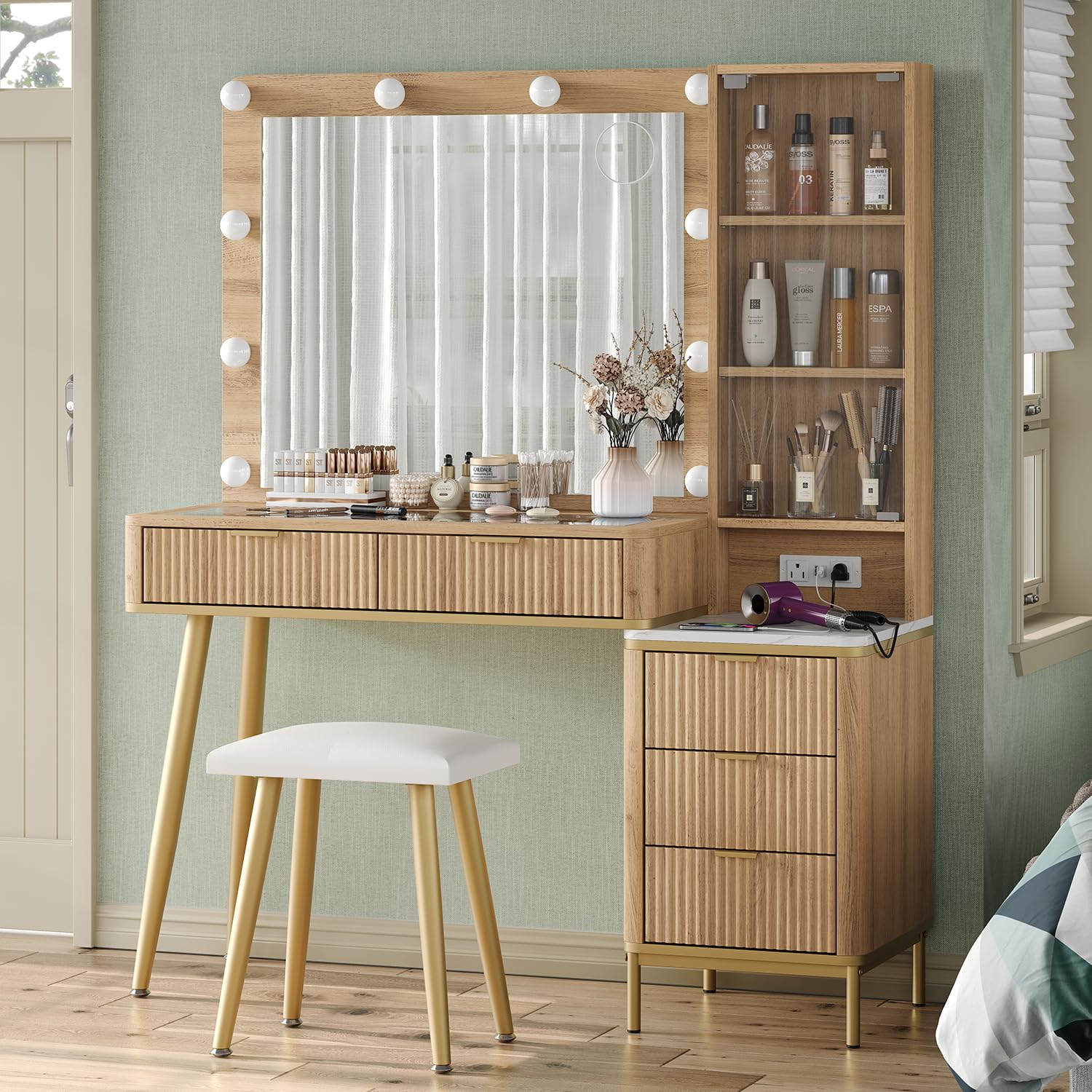 Fluted Makeup Vanity Desk with HD Lighted Mirror - 48