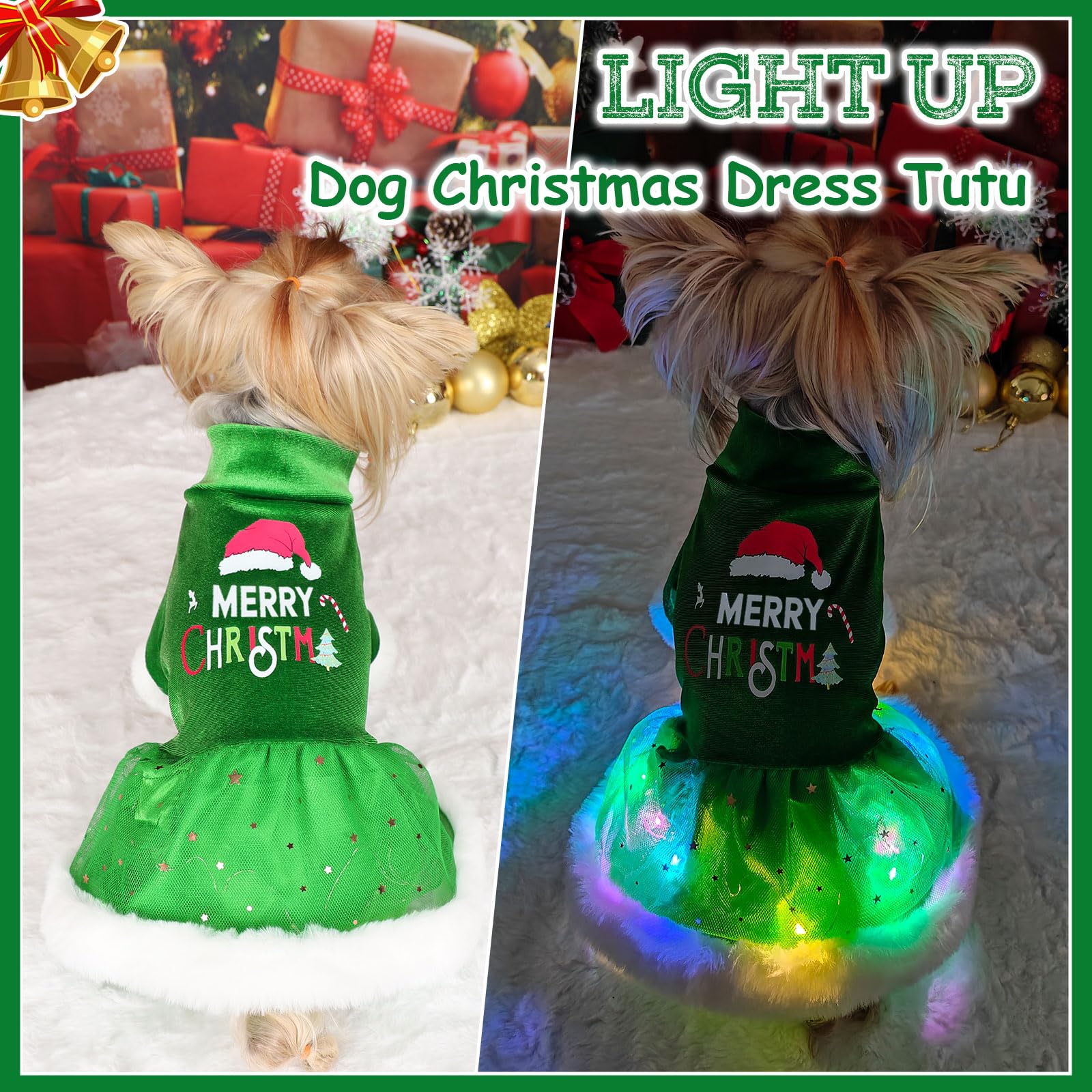 LED Light Pet Christmas Sweater Dress for Small Dogs - Festive Green Velvet Puppy Outfit with Soft Fabric for Holiday Parties & Family Photos